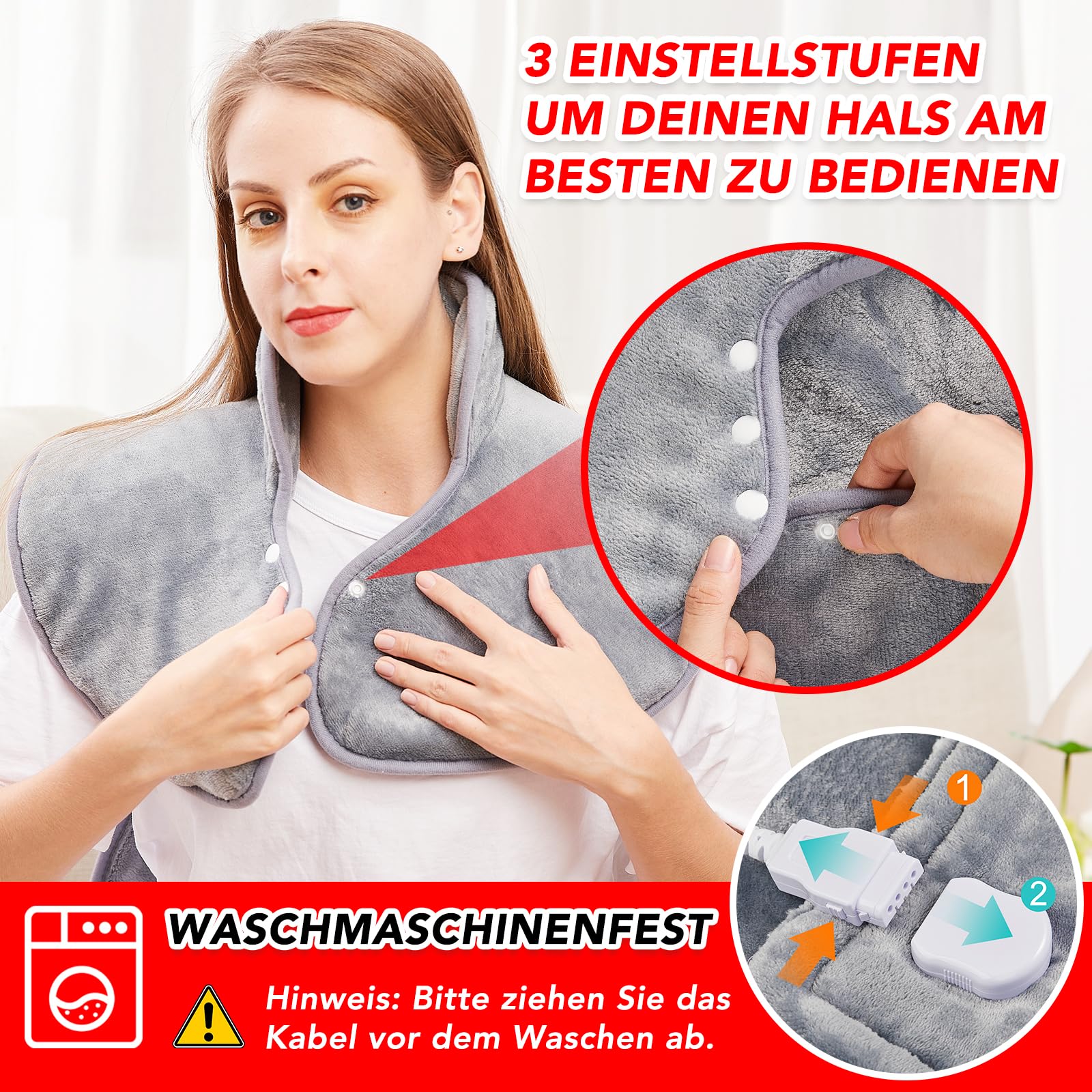 Heizkissen für Rücken Schulter Nacken 60x100cm Wärmekissen mit Abschaltautomatik, Schnelle Erwärmung, mit Taillenriemen, Rückenwärmer Heizdecke 6 Heizstufen, Auto-OFF-Timer, Flanell, Waschbar, Grau