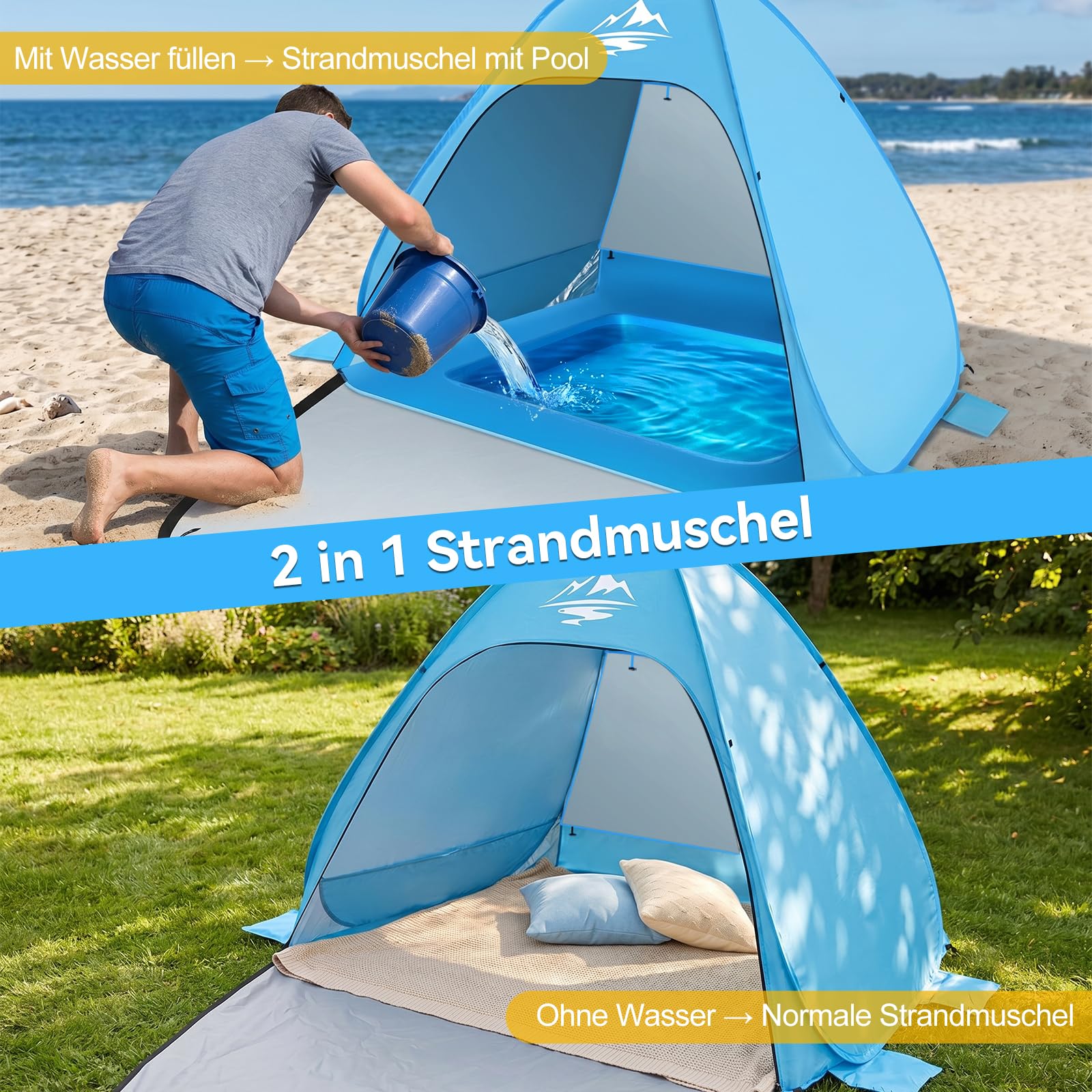 MAXDONE Namiot plażowy typu muszla plażowa, rozkładany namiot dla 2-3 osób, automatyczna ochrona przed promieniowaniem UV50+, przenośny, bardzo lekki namiot plażowy dla rodzin, na plażę, kemping, do