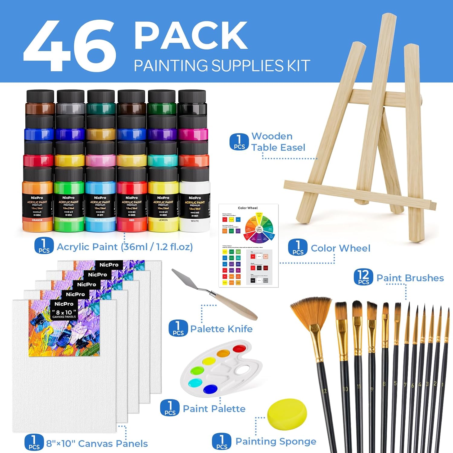 Nicpro Acrylic Paint Canvas Set for Adults, 46PCS Art Painting Supplies Kit with 24 Acrylic Paints(36ML), Table Wood Easel, 5 Canvas Panels, 12 Brushes, Paper Pad, Palette for Artist Beginner Students - Image 2