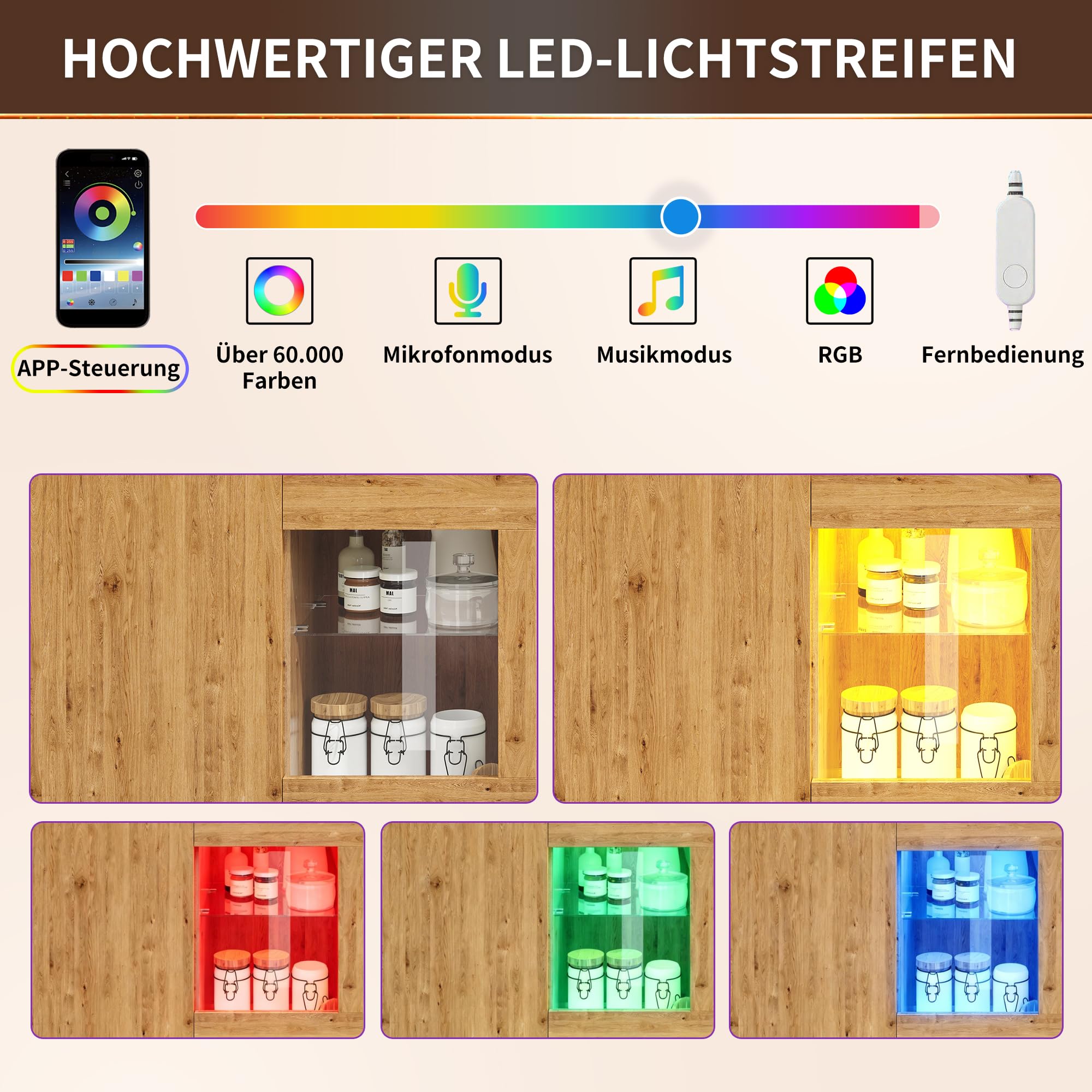 Isola cucina con tavolo allungabile, mobile cucina multifunzionale con illuminazione a LED (controllabile tramite app), effetto rovere, vano contenitore, cassetti, anta in vetro, per sala da pranzo e