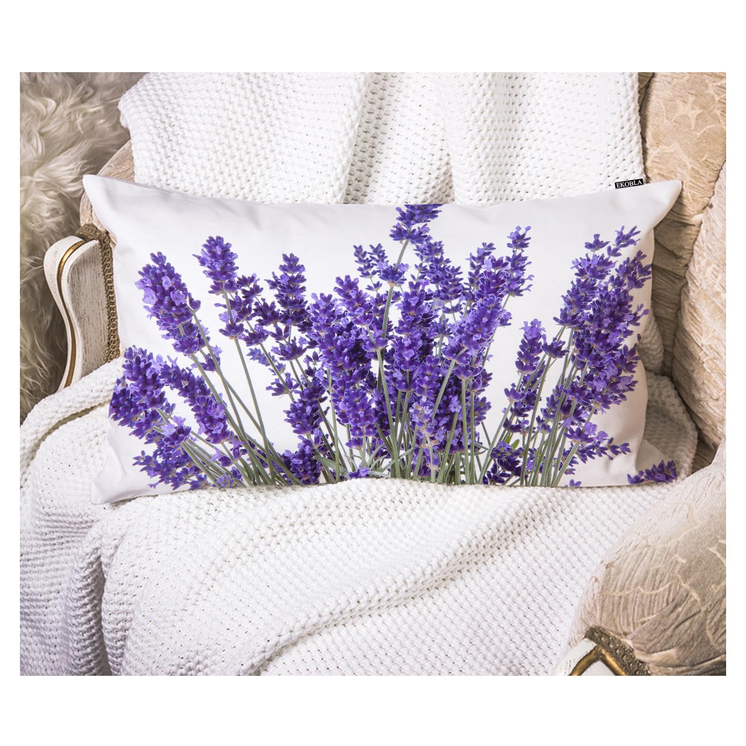 EKOBLA Decorative Pillow Cushion Covers Lavender Flowers Scented Floral Bunch Waist Rectangle Throw Pillow Case Cotton Linen for Men Women Sofa Home