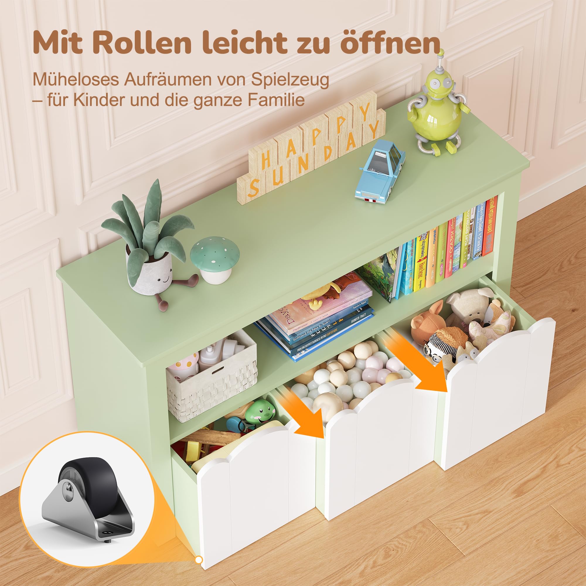 YOUDENOVA Estantería para niños, muebles para habitación infantil con 3 cajas, almacenamiento de juguetes con ruedas, 102,2 x 33 x 61,5 cm, almacenamiento para habitación infantil para libros de