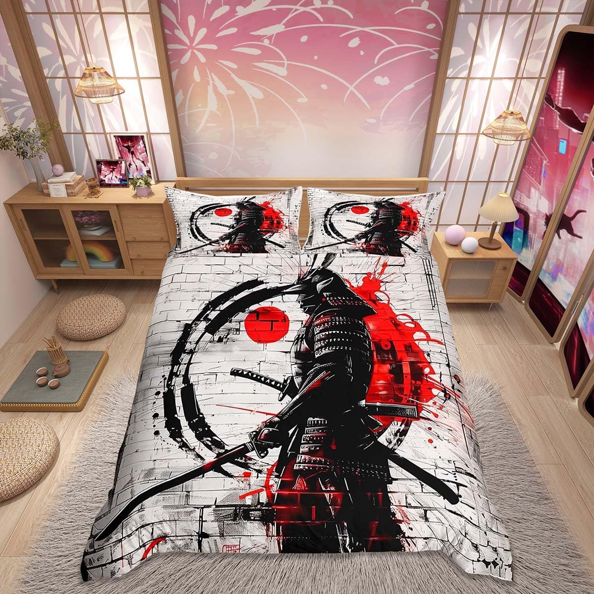 Loussiesd Samurai Bedding Set Sunset Print Duvet Cover Set for Kids Boys Girls Japan Comforter Cover Japanese Ukiyoe Quilt Cover Room 2Pcs Single Size,Zipper โ image 1
