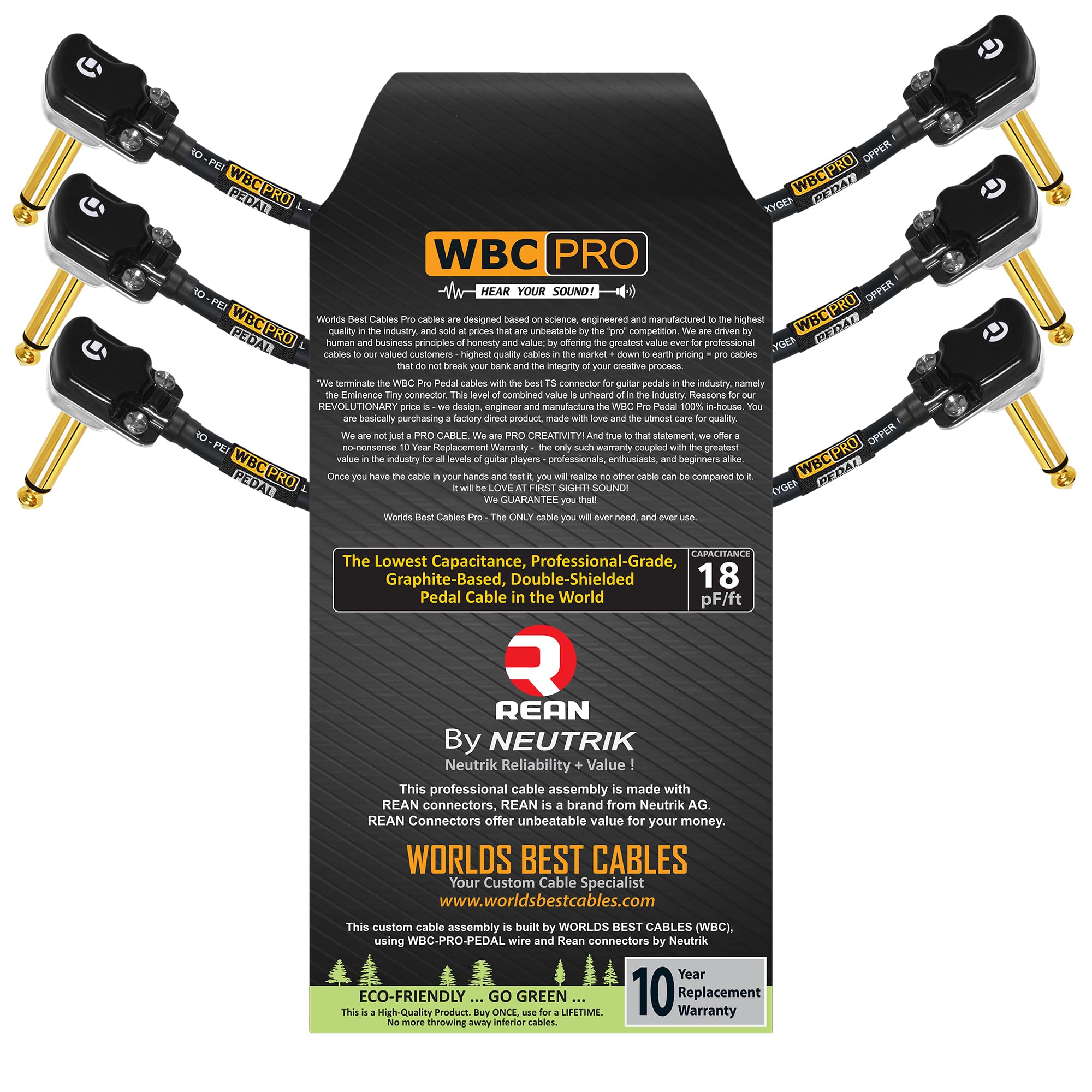 3 Units - 5 Inch - WBC-PRO-Pedal – 22 AWG - Low-Cap (18pF/ft) – Pro-Grade – Graphite-Based - Dual-Shielded Pedal, Effects, Patch, Instrument Cable with Neutrik-Rean Gold Plated Pancake TS Connectors