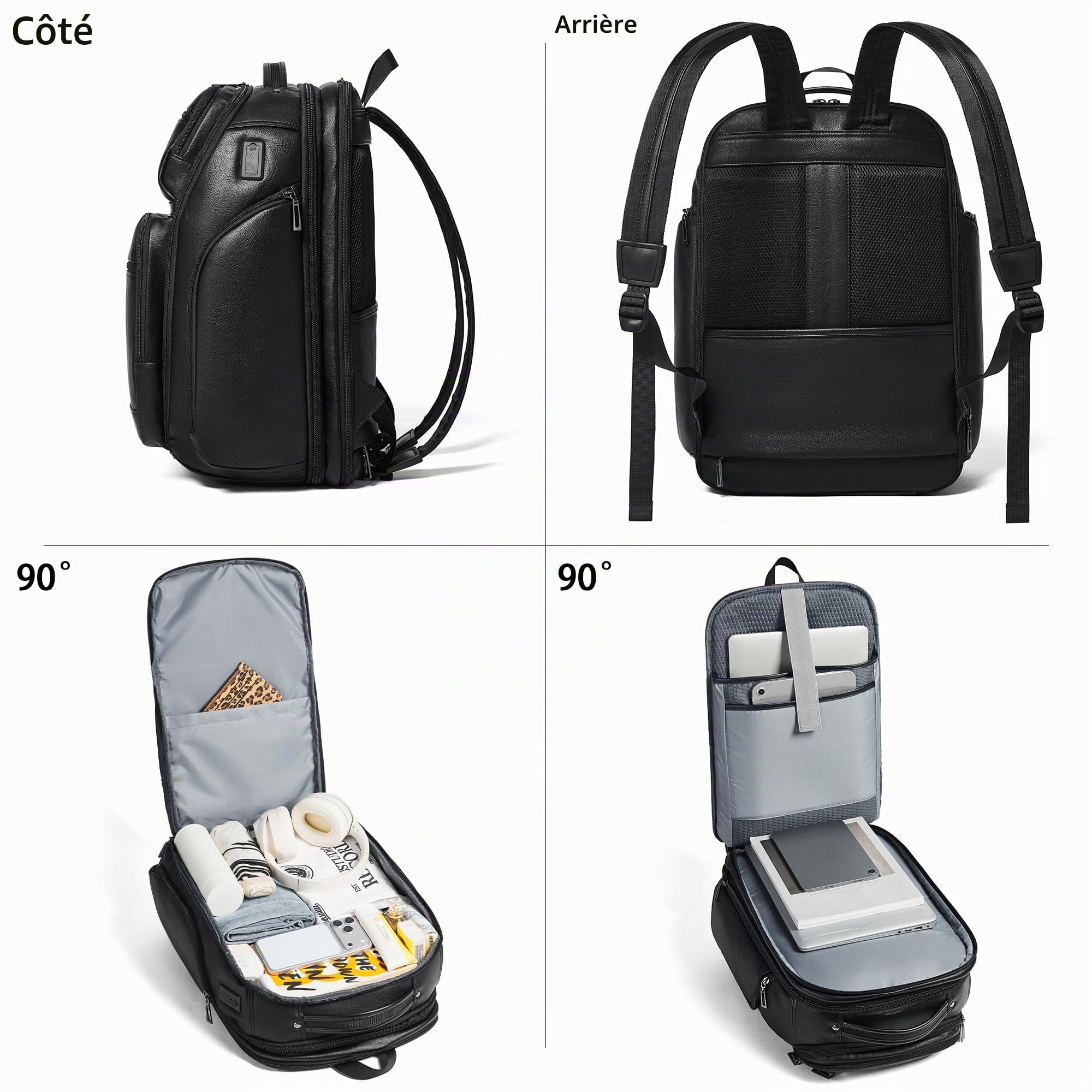 Sac à Dos en Cuir Végan Homme et Femme, 40L Extensible, Bagage Cabine pour Ordinateur 17 Pouces avec Port USB et Sangle Valise, Design Élégant, Black