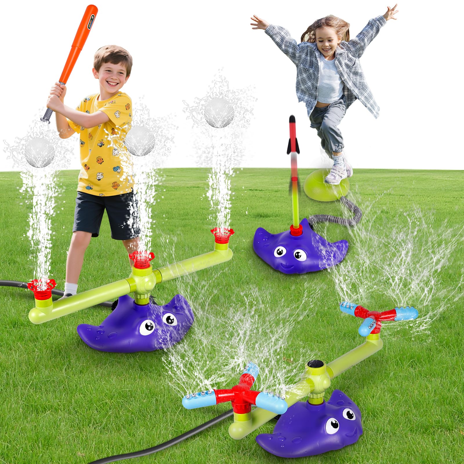 CWLAKON Juguete Acuático 4 en 1 para Niños - Lanzador Béisbol, Cohetes, 2 Aspersores 360° - Juegos Exterior Verano Jardín/Piscina Diversión para Niños y Niñas
