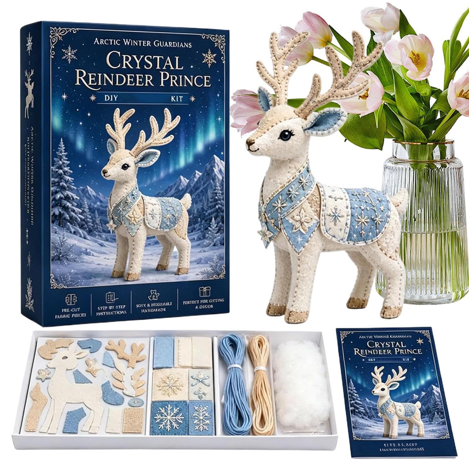Beginner Sewing Kit - Cute Reindeer Friendly DIY Pre Cut, Animal Crafting Set for Home Decor, Felt Arts Crafts Embroidery Supplies, Needlework Felt Ornament Creative Device for Kids