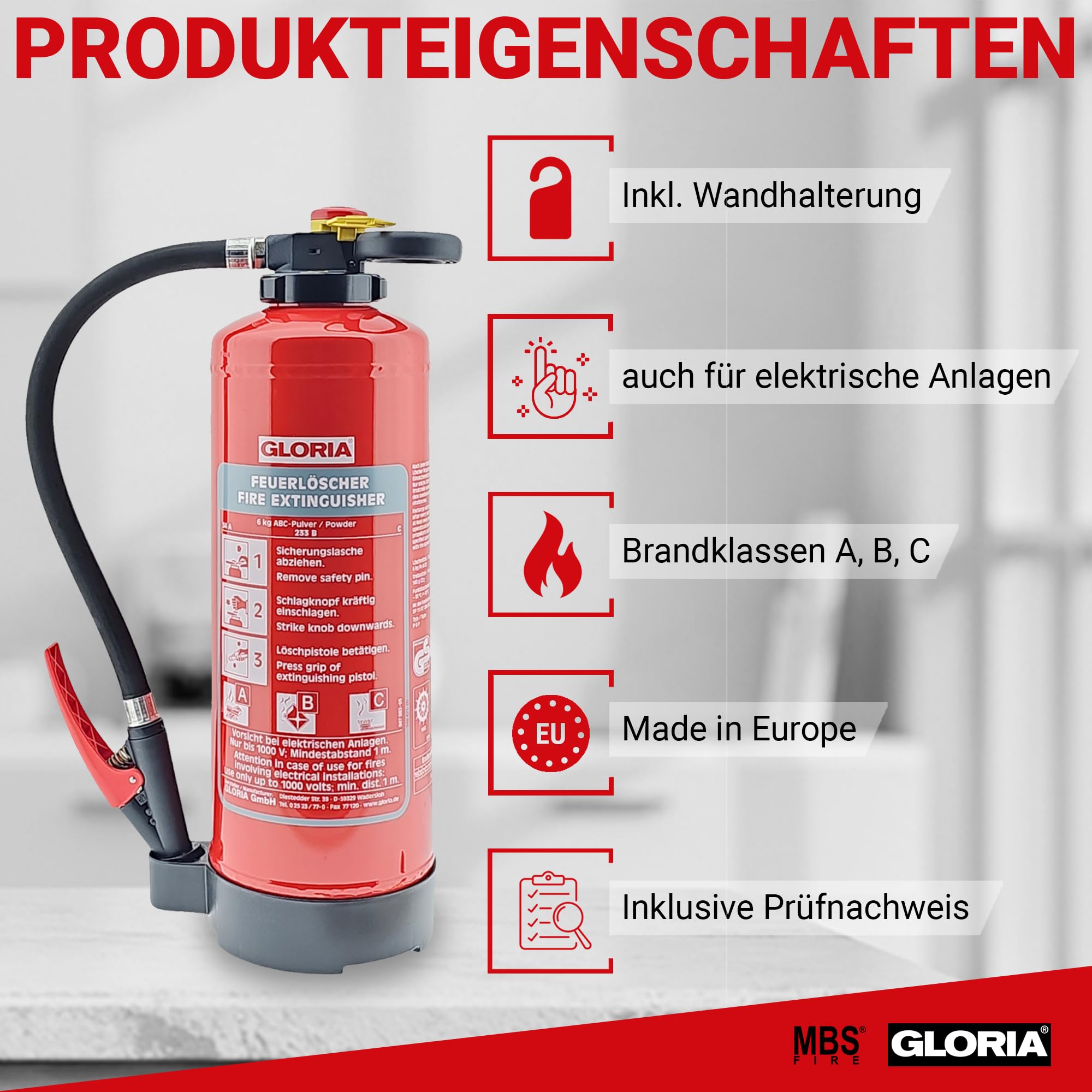 Gloria P6PRO – 6 kg Auflade-Pulver Feuerlöscher (ABC) mit Wandhalter – inkl. Instandhaltungsnachweis und aktueller Prüfplakette