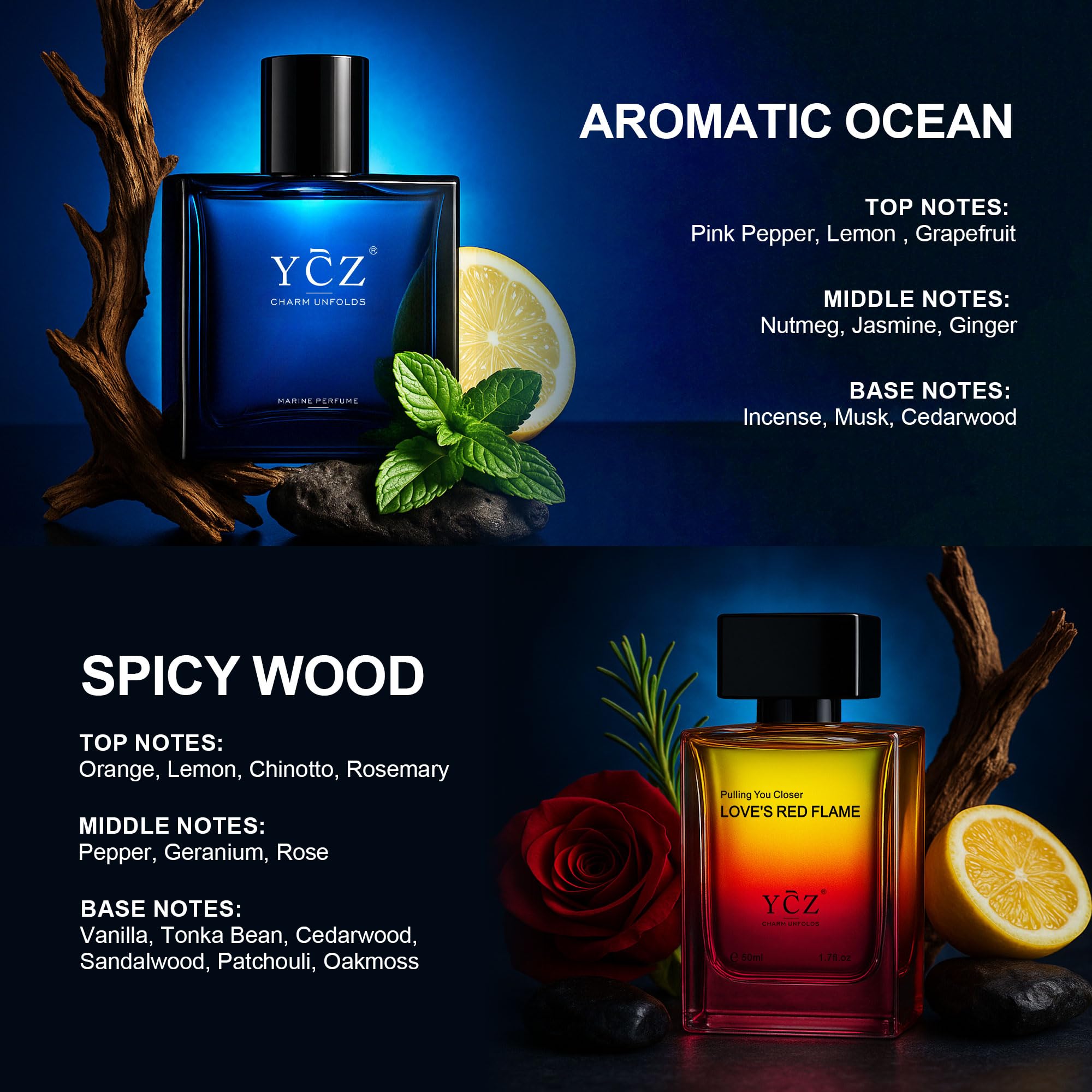 Ycz Parfum für Herren Set,2 X 1.7oz Lang anhaltender Eau de Parfum Herren,Meeres-und orientalische Holz–,Eignet sich für viele Anlässe und ist das perfekte Geschenk für den Gentleman