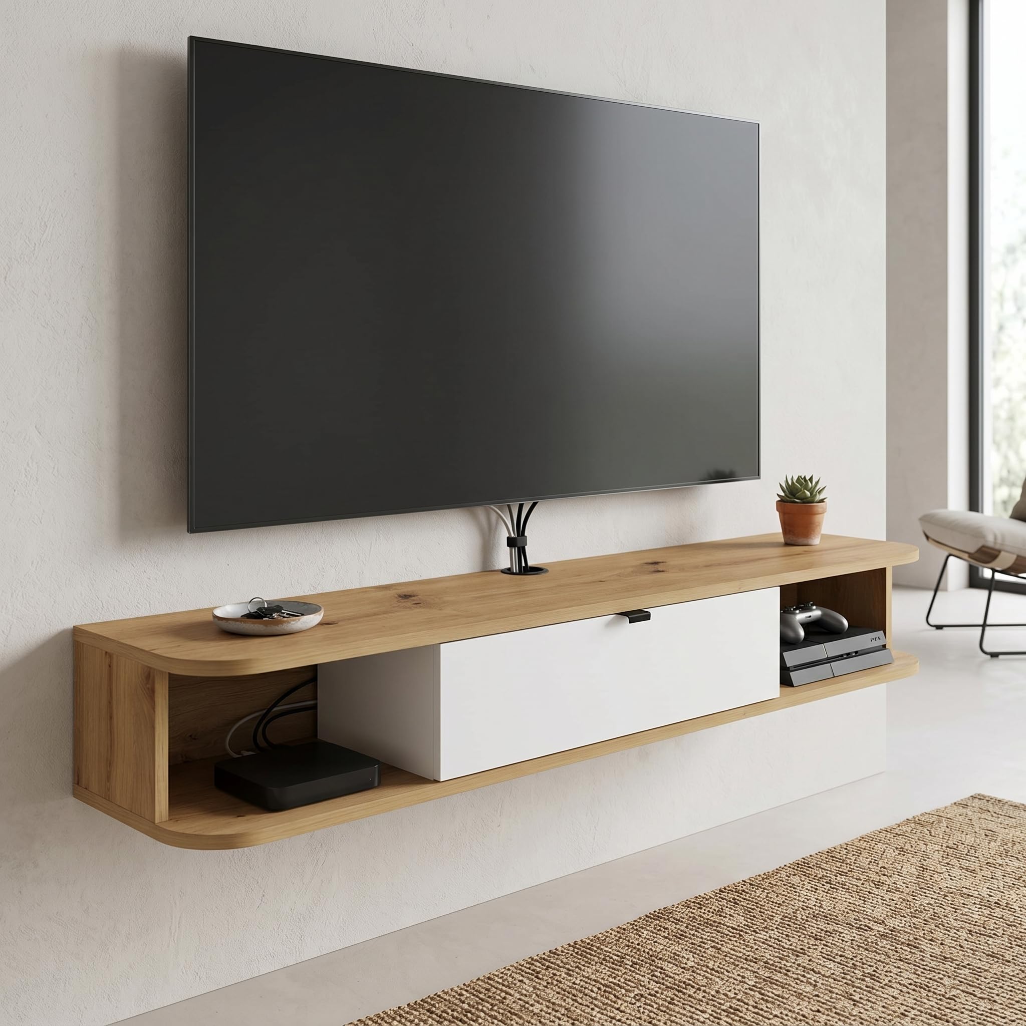 Homlando Lowboard TV, Hängender Fernsehschrank mit Klapptüren, TV Wandboard, Hängeschrank, TV Schrank Icarus 156 x 29 x 20 cm Artisan Eiche und Weiß Matt