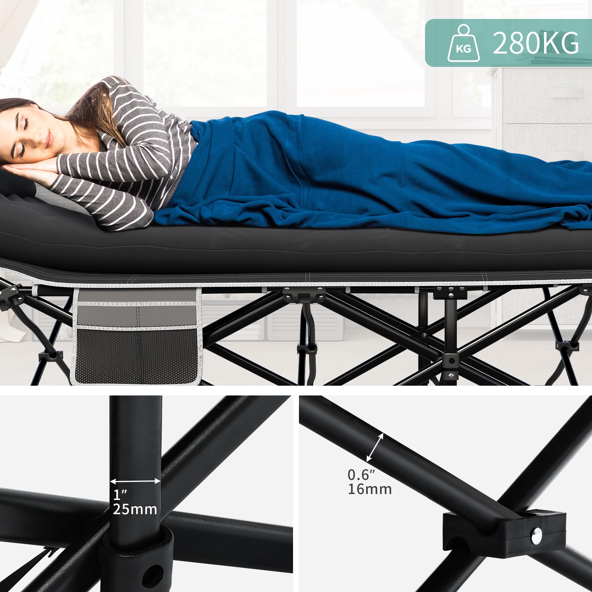 YITAHOME Brandina da Campeggio Pieghevole con Materasso Più Spesso, Lettino da Campeggio Robusti e Resistenti, Letto da Campeggio Comodo con Capacità di 250 kg per Viaggi/Ufficio/All'Aperto, Nero