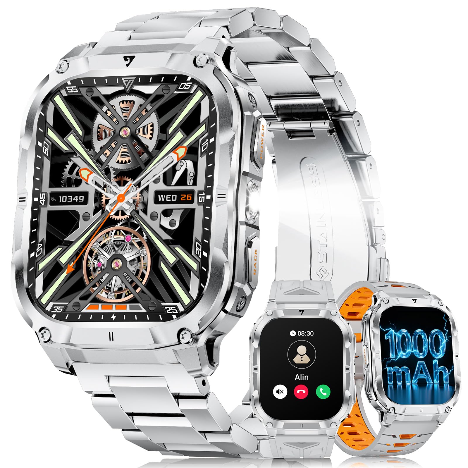 LIGE Montre Connectée Homme avec 1000mAh/2.0'' HD Grand Écran/LED Lampe,Smartwatch Homme avec Moniteur de Fréquence Cardiaque et Sommeil/110+ Modes Sportifs,IP68 Étanche Android iOS,Argenté