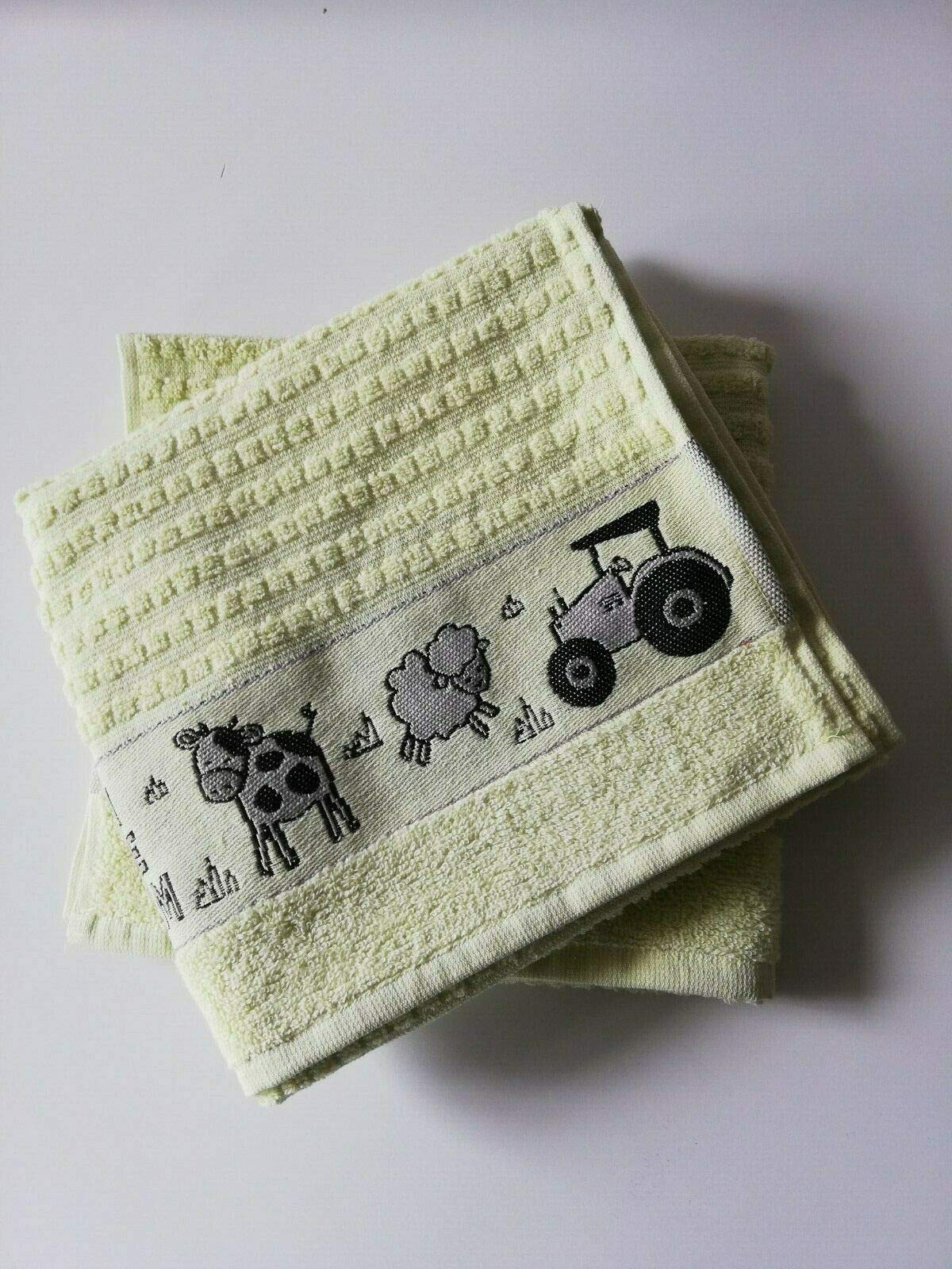 Sue Rossi Ltd Green Farmyard 100% Cotton Tea Towels Waffle Embroidered Animal Cooks Cloth Luxury 3 Pack Kitchen Towel Set (Green Farmyard)