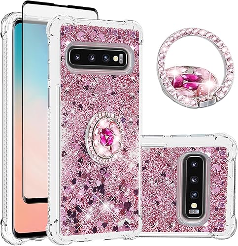 Asuwish Funda de teléfono para Samsung Galaxy S10 Plus con protector de pantalla y soporte para anillo Bling Liquid Glitter Clear Hybrid Silicone