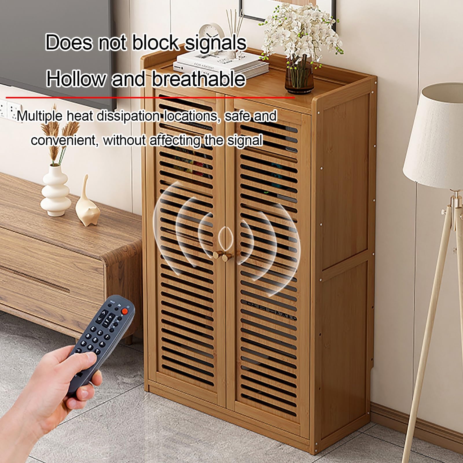 Générique Meuble de Rangement pour routeur Wi-FI en Bambou, étagères réglables, Compartiment dissimulé, Meuble multimédia autoportant pour Salon et Chambre, 82 cm, Finition Marron