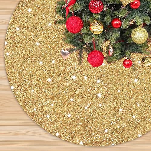 Falda de árbol de Navidad dorada de 21 pulgadas, mini falda de árbol de lentejuelas de lujo para árboles artificiales, anillo de árbol de Navidad