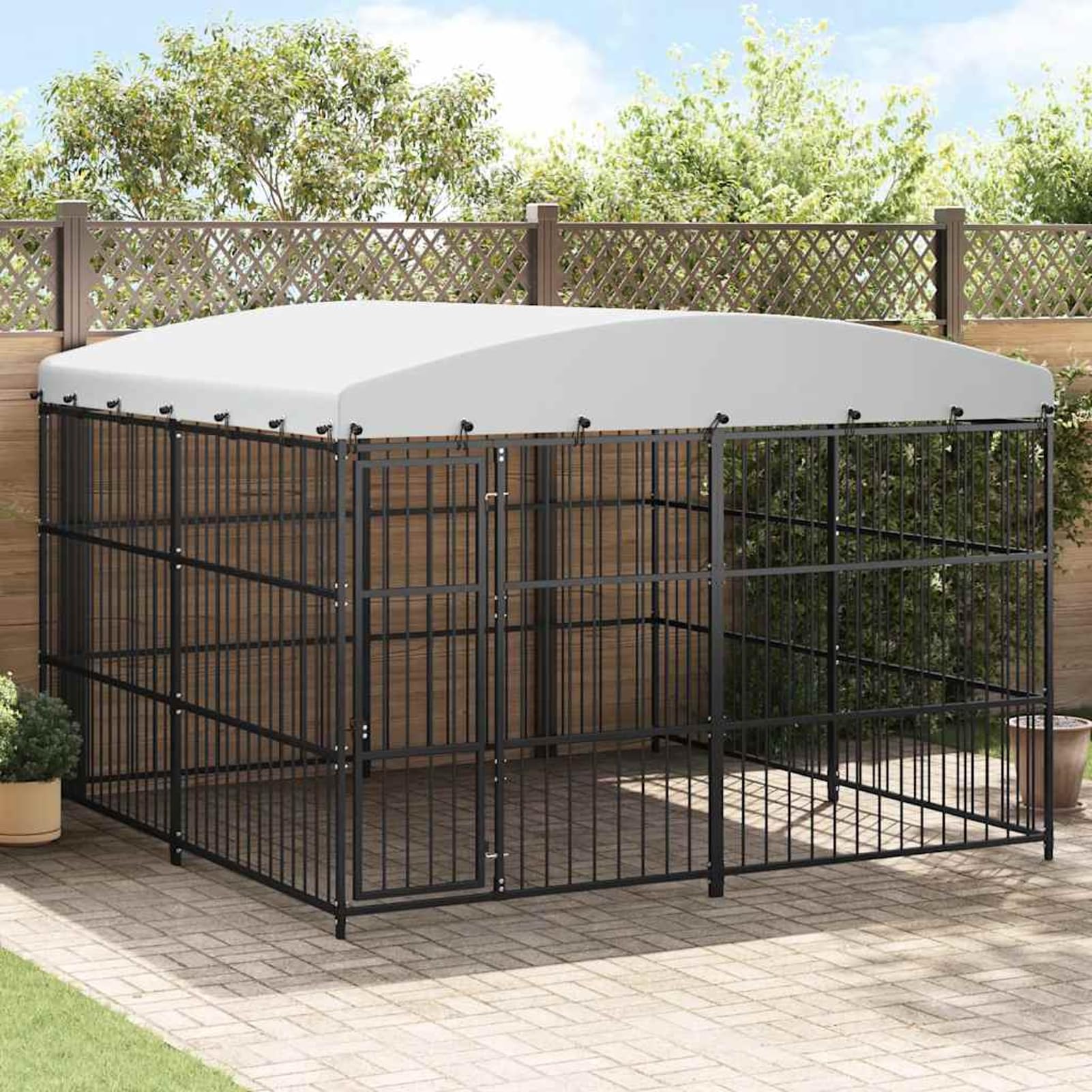 Recinto per Cani Esterno 3x3x2.1 m, Nero, Acciaio Verniciato a Polvere, Tetto in Polietilene, Cancello con Serratura, Cuccia Sicura per Cani, Facile Montaggio