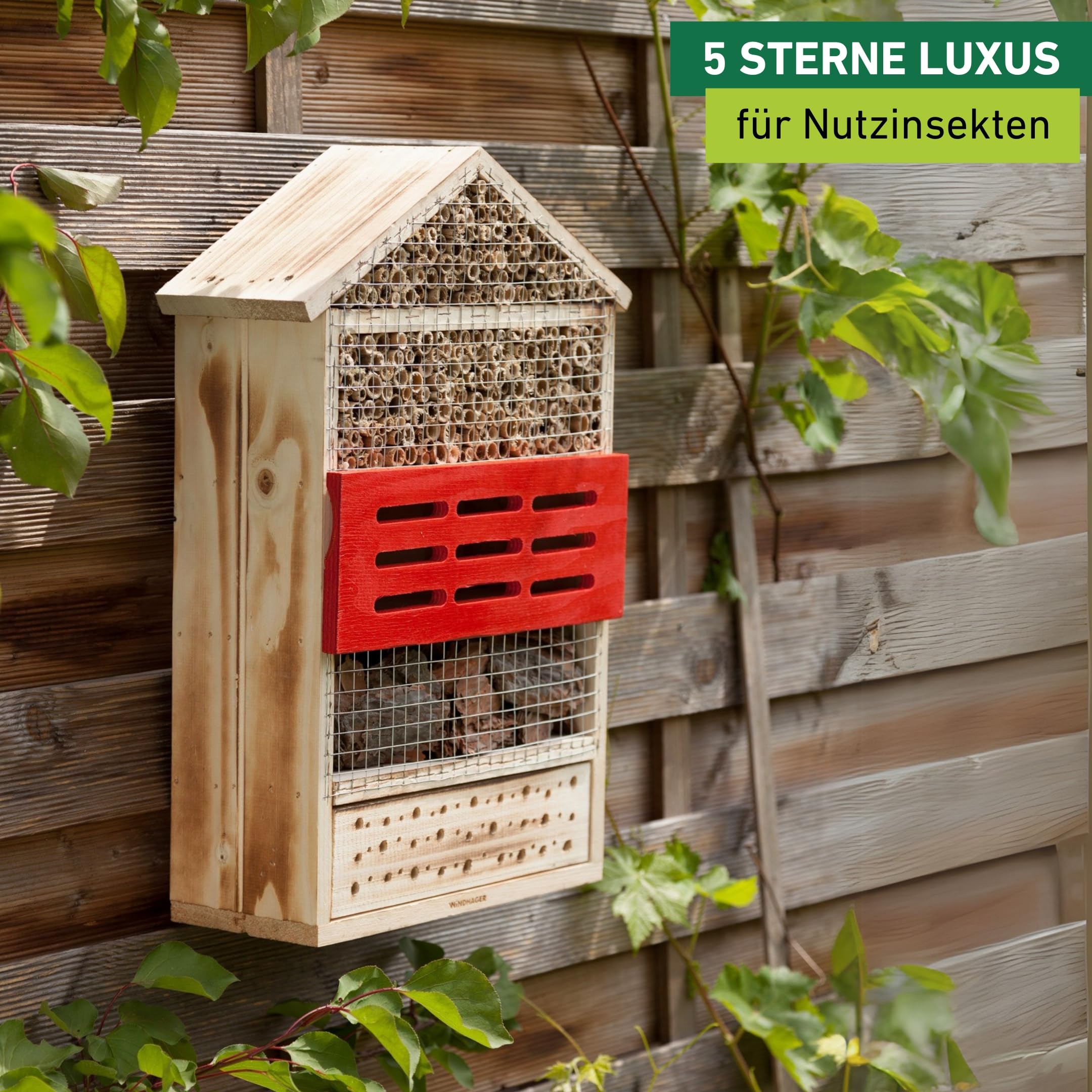 Windhager Insektenhotel 5 Sterne, Insektenhaus Nistplatz Brutplatz, Schutz für viele Insekten, aus Massivholz, gefüllt mit Rinde und Schilfrohr, 06974