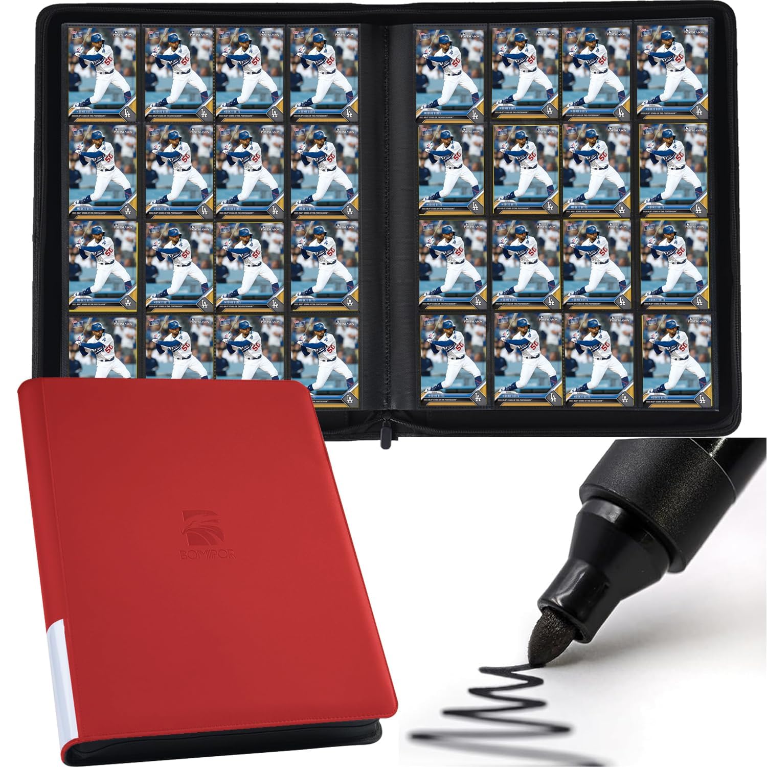 Raccoglitore per carte collezionabili a 16 tasche, con cerniera, può contenere fino a 1408 carte con 44 maniche, design con etichette, raccoglitore per carte TCG/carte da gioco/carte sportive, rosso