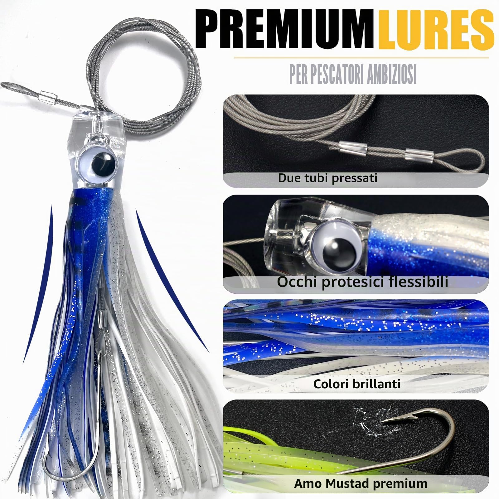 YOTO Esche da pesca a traina in acqua salata, 16,5 cm, 6 pezzi, con copertura per calamari, per pesca in acque profonde, tonno, marlin, wahoo, squalo, mahi
