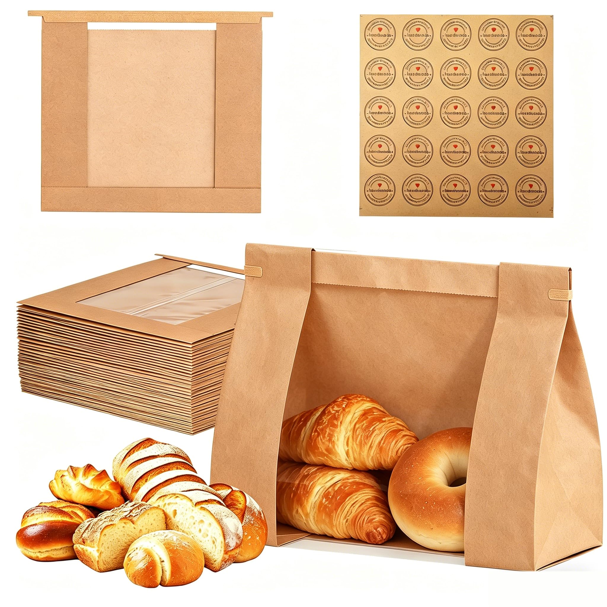Effiq-Rate Brown 100Pcs Bulk Bread Paper Bags 26X11x26cm, Thickened Kraft Paper Bags For Food With Clear Window, Large Bread Bag With Tin Tie Closure And Stickers For Sourdough, Toast, Cookie, Treat