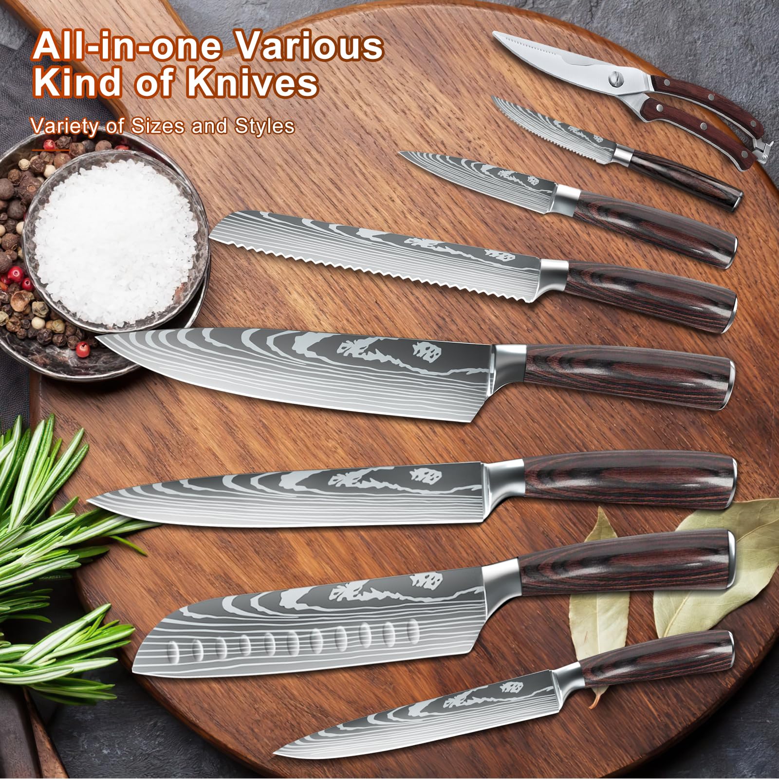 Dfito Ensemble de couteaux de chef avec sac roulant, 9 pièces de couteaux de chef professionnels en acier inoxydable à haute teneur en carbone, manche en bois de pakka rouge, passe au