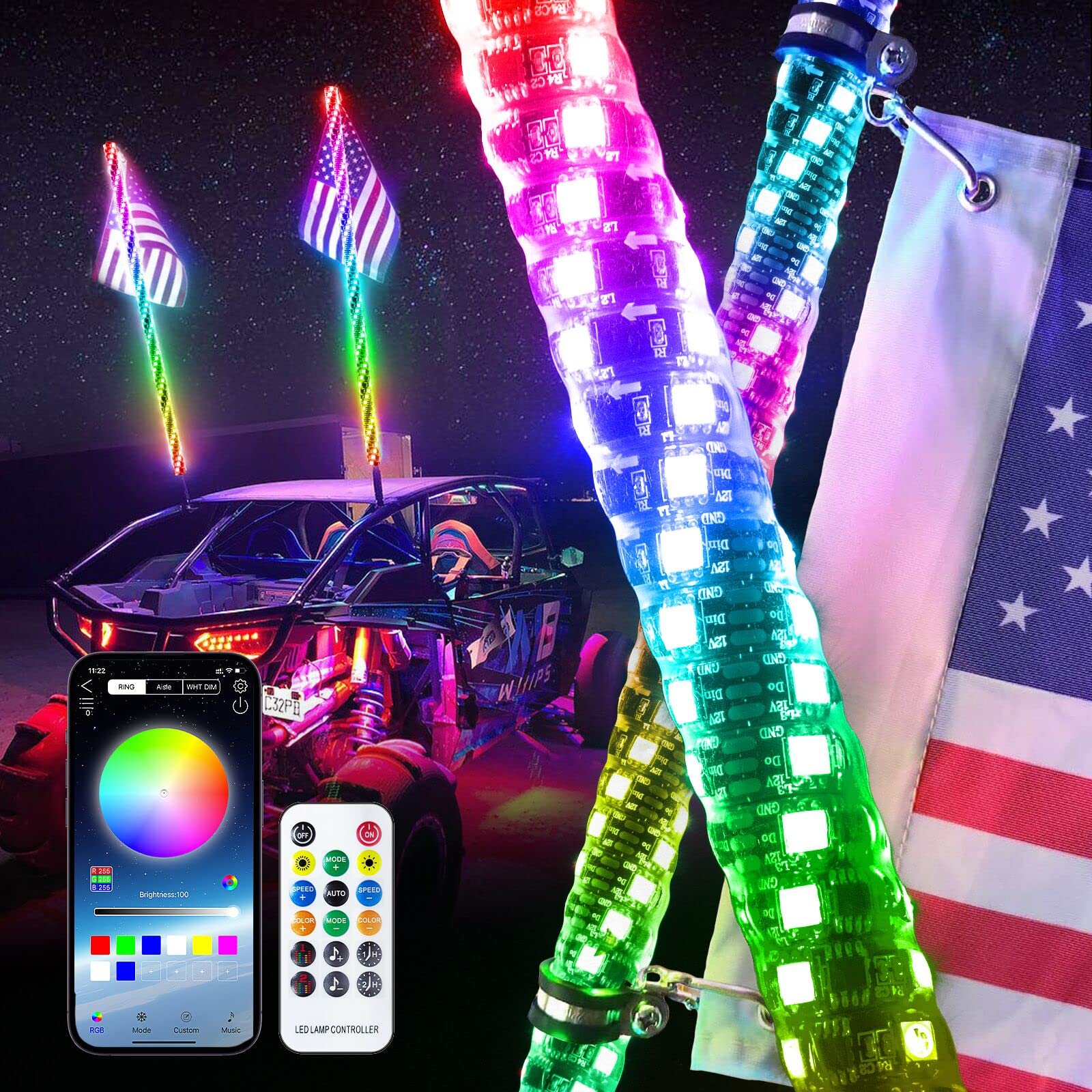 Photo 1 of 4FT-2PC LED Whip Lights for UTV RGB Chasing/Dancing Light Remote Control APP-Supported, 600+ Color Mode Combinations, RGB Chasing Lighted Antenna Whips for UTV, ATV, Truck, Dune Buggy