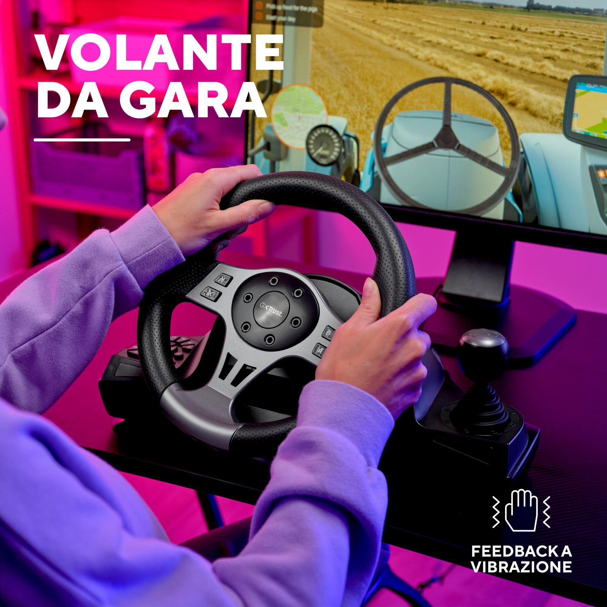 GXTrust Movi Volante per PC, Volante da Corsa da Gaming con Pedali e Leva del Cambio per Simulatore di Guida/Farming Simulator / F1 / Gran Turismo