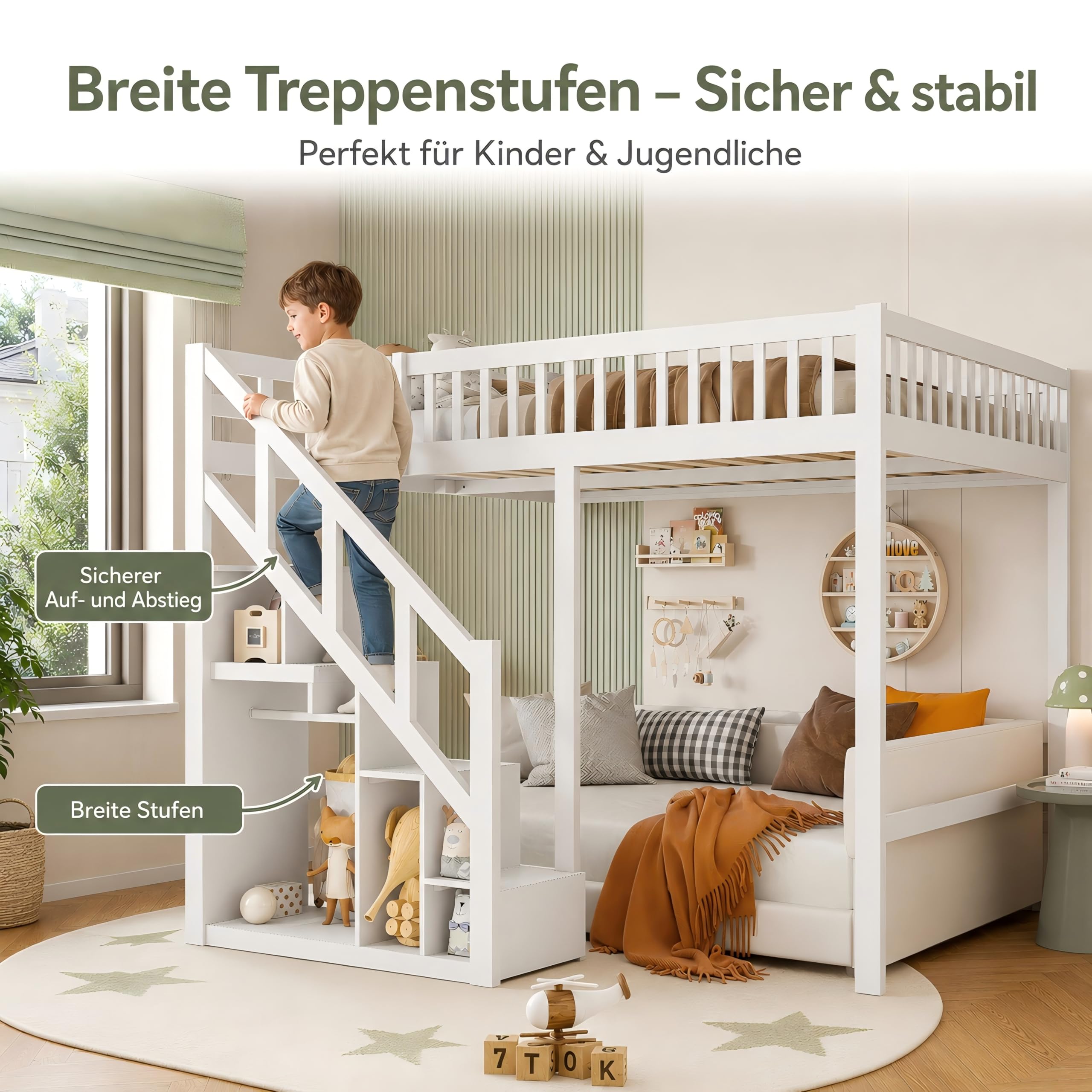Hochbett 140x200 cm Weiß mit Treppe und Stauraum, Holzbett Kinderbett & Jugendbett mit Sternen-Rausfallschutz, Platzsparendes Etagenbett Spielbett für das Kinderzimmer, Inkl. Lattenrost, Ohne Matratze