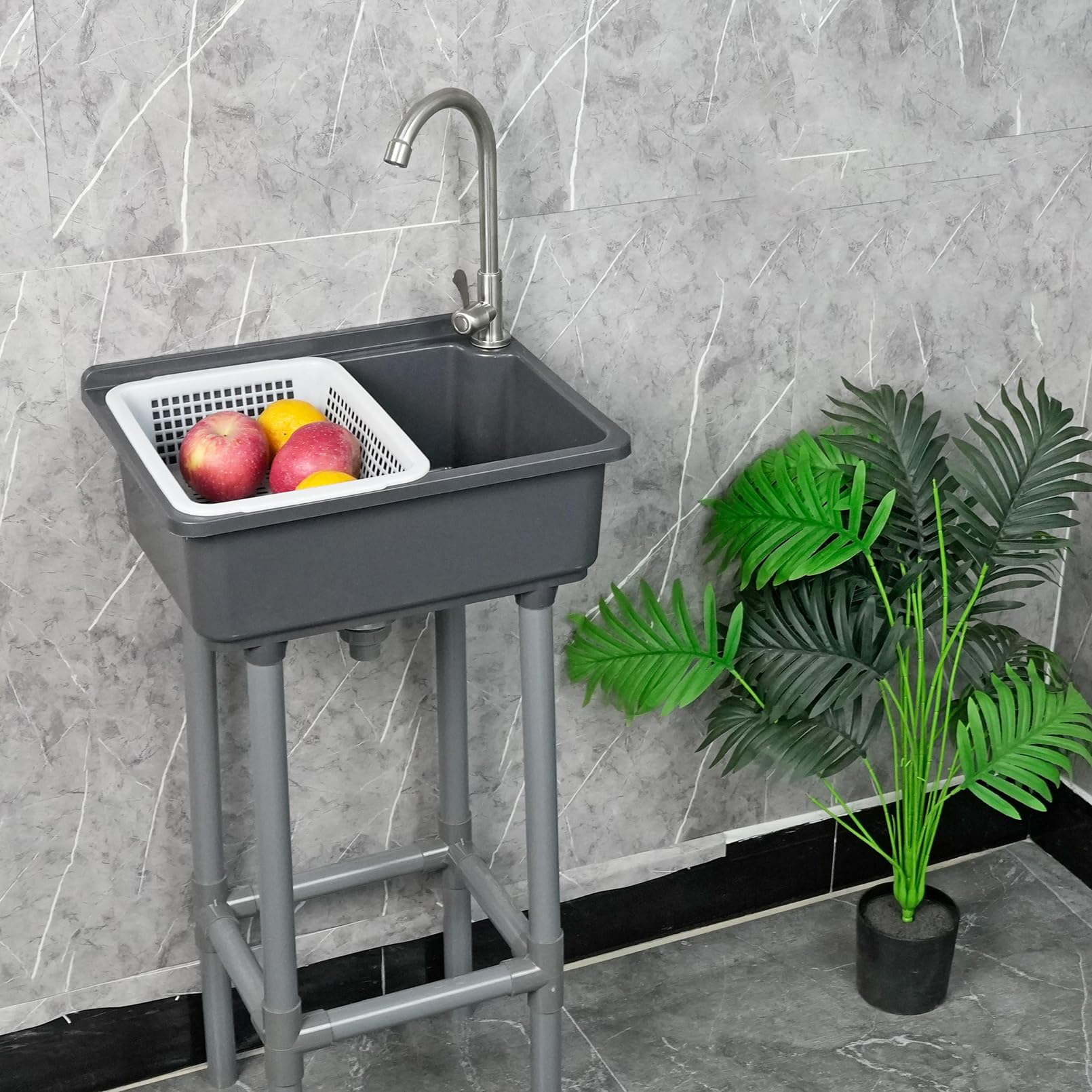 Vasque à Poser, 43x32x83 cm Lave-mains en Résine, Lave-mains pour WC pour Intérieur Vestiaires Salle de Bain Salle d'Eau Cabine WC E Robinet en plastique à eau chaude et froide
