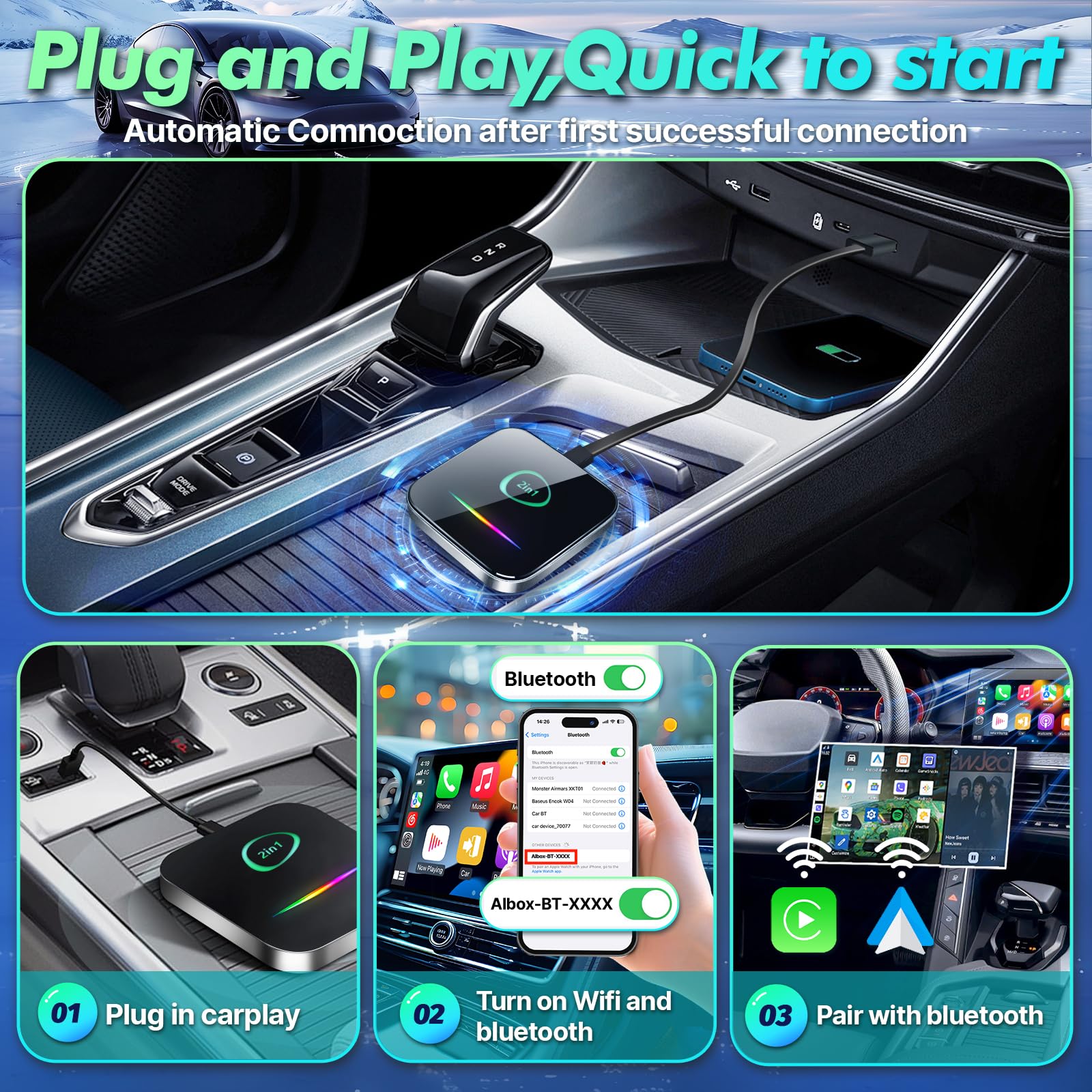 Bezprzewodowy adapter CarPlay 2 w 1 / adapter samochodowy z systemem Android 5,8 GHz połączenie WiFi Bluetooth, konwertuj przewodowy na bezprzewodowy, Plug & Play Dongle Car Play do