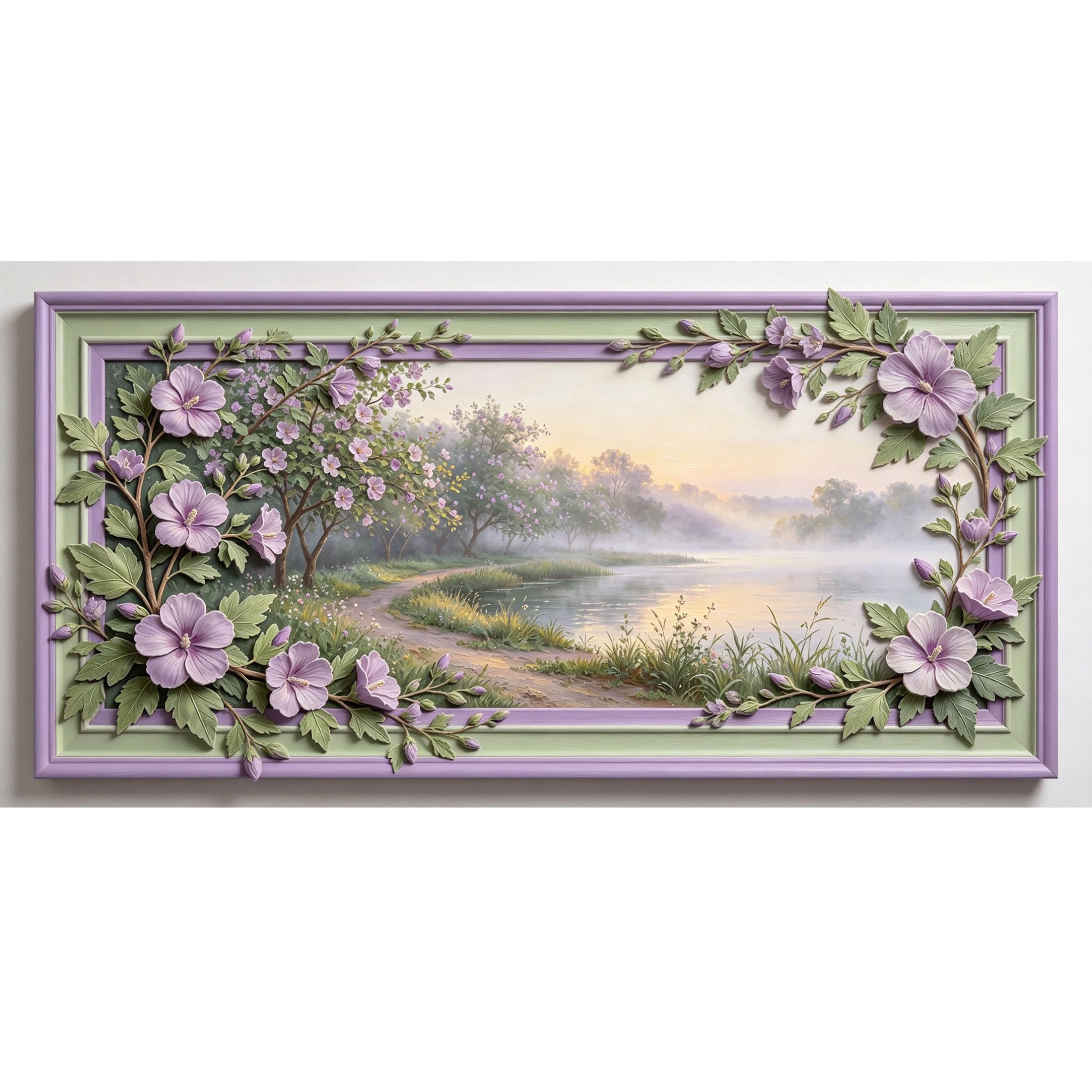 Agglomerix 3D Framed Wall Art Purple Hibiscus Flower Landscape Lake Mist Botanical Relief Effect Large Size SelfAdhesive Removable Wall Decor Prints Artwork for Living Room Bedroom Office