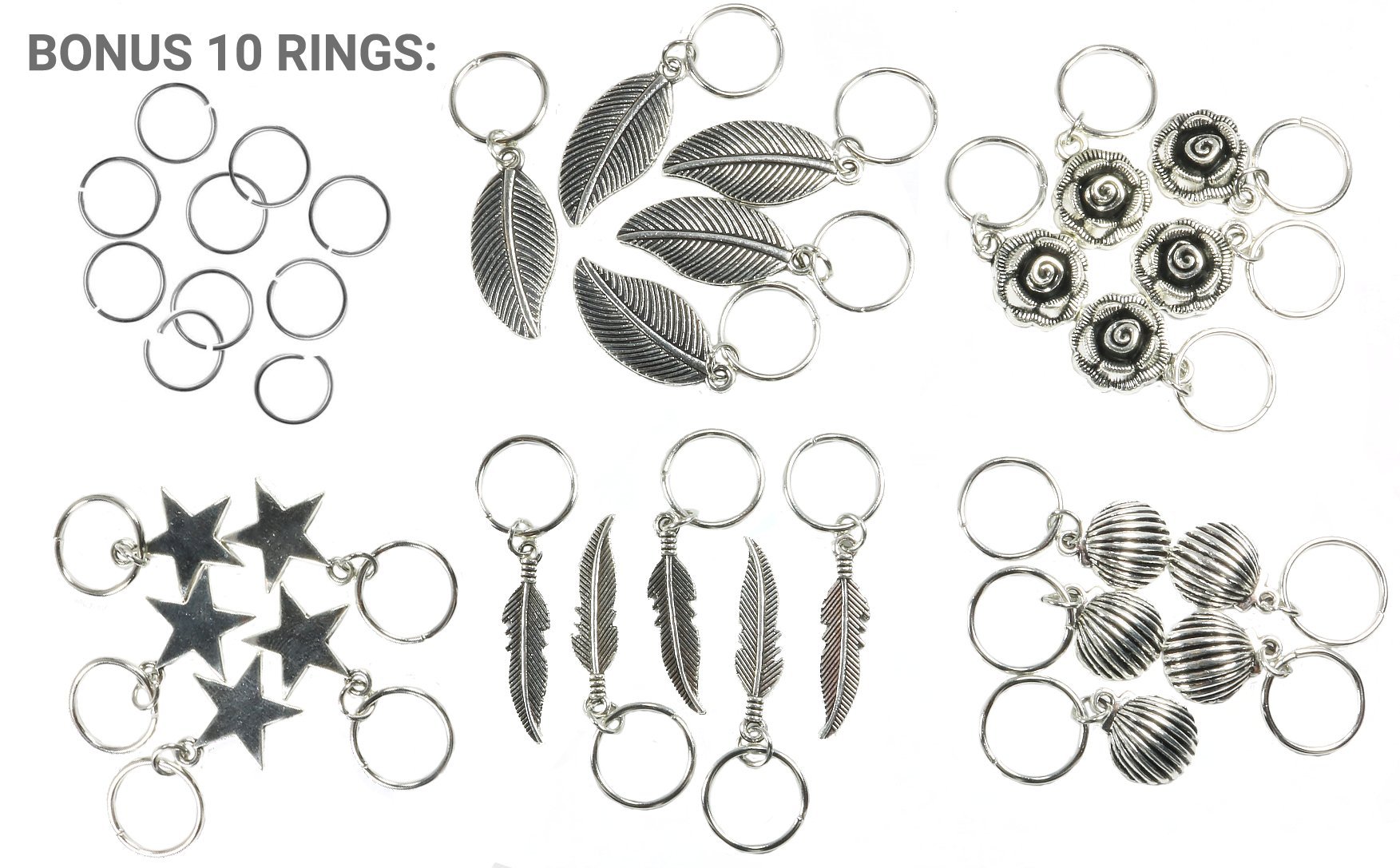 Bling Rings - 25 and 35 Packs of Hair Charms for Pierced Braid & Dreadlock - Accessories - Star Rose Feather Leaf Shell - Gold & Silver