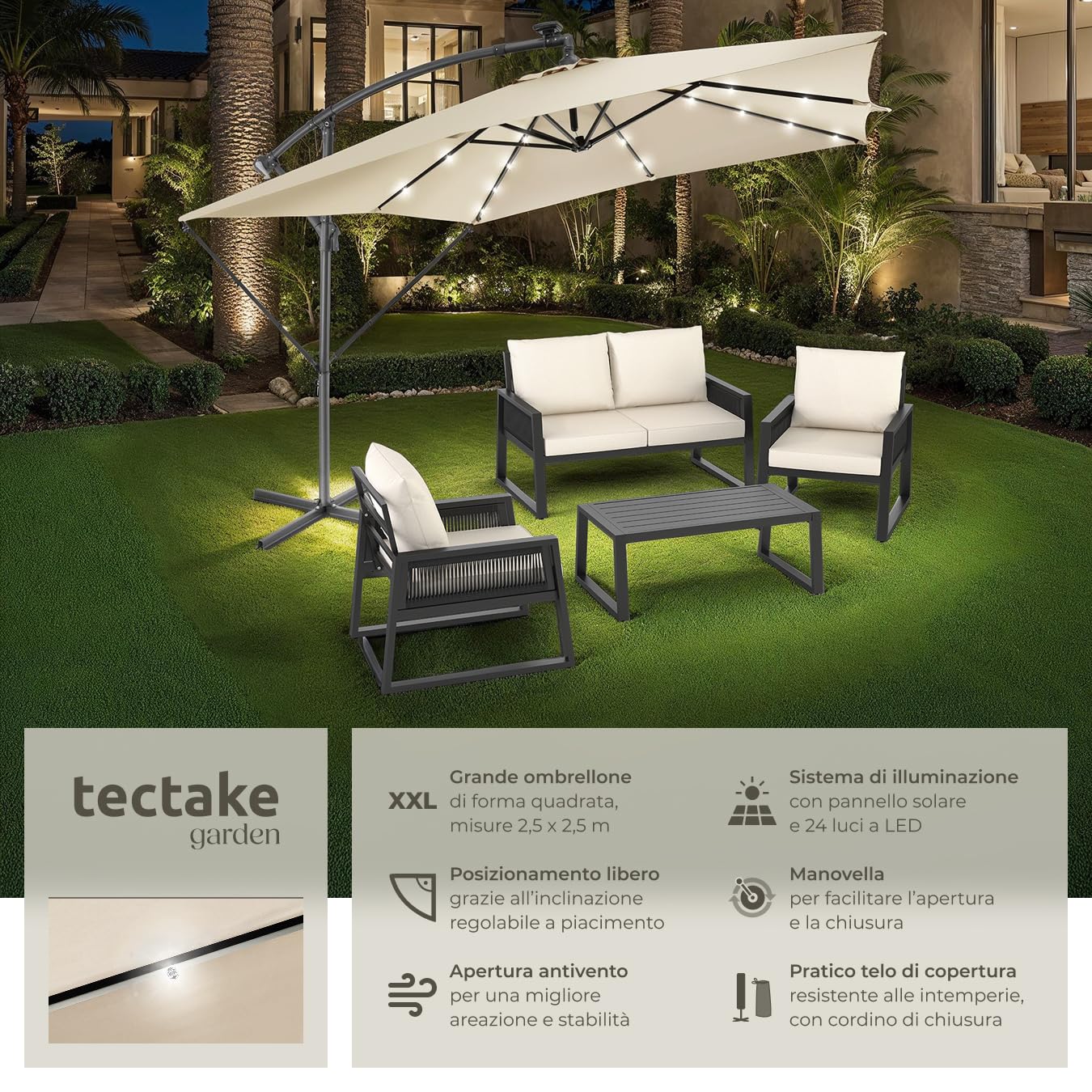 tectake® Ombrellone da Giardino Sunna, 2,5x2,5m, LED ad Energia Solare, Inclinazione Regolabile, Manovella, Custodia Protettiva, Stabile contro Vento, Arredo Giardino