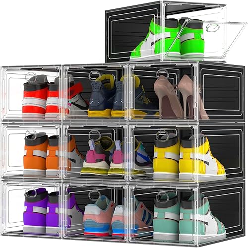 Paquete de 10 organizadores grandes de zapatos duros para talla 14, organizador modular de plástico transparente apilable para zapatos, caja de