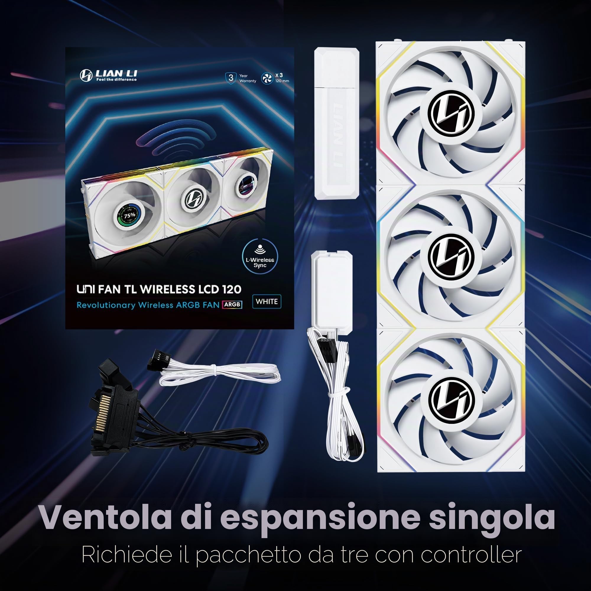 Lian Li UNI FAN TL Wireless LCD Ventola 120 mm RGB – Confezione da 3 pezzi Bianco | PWM 26 LED ARGB fino a 1.900 giri/min, sistema a incastro, flusso d'aria elevato, silenzioso e a bassa vibrazione