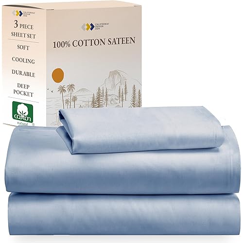 California Design Den Soft 100% Cotton Sheets Twin Size Bed Sheet Sets with Deep Pockets and Sateen Weave for Dorm Rooms, College, Cooling Sheets (Blue)