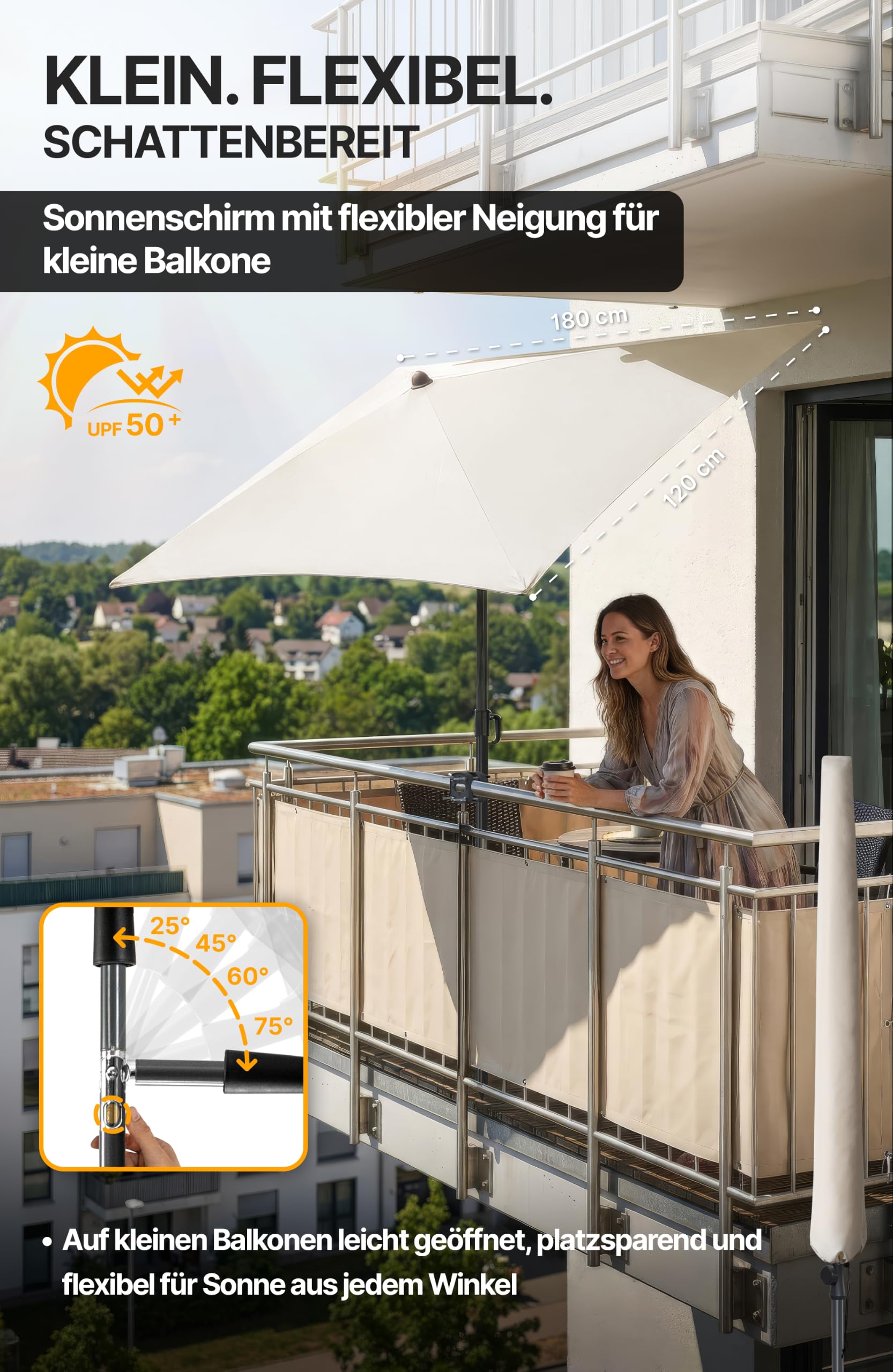 Menz Sonnenschirm Balkon 5-fach knickbar, Sonnenschirm rechteckig 180x120cm | UPF 50+ Sonnenschutz Balkon, höhenverstellbarer Balkonschirm, inkl. Schutzhülle, Beige