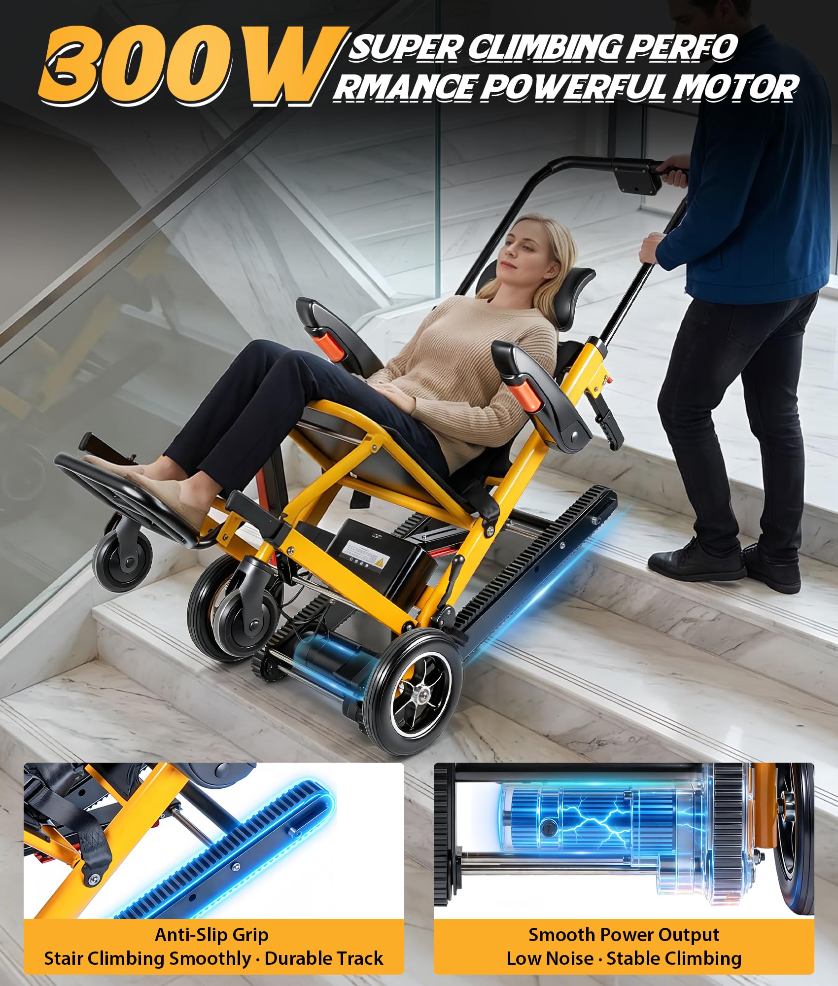 Elektrischer Treppensteiger Rollstuhl Faltbar mit Gummikette, 240KG Elektrischer Treppenlift Stuhl, 3 Speed Rollstuhl Faltbar Treppen Mobilitätshilfe mit LED Licht, Medizinische Rettungstrage für Se