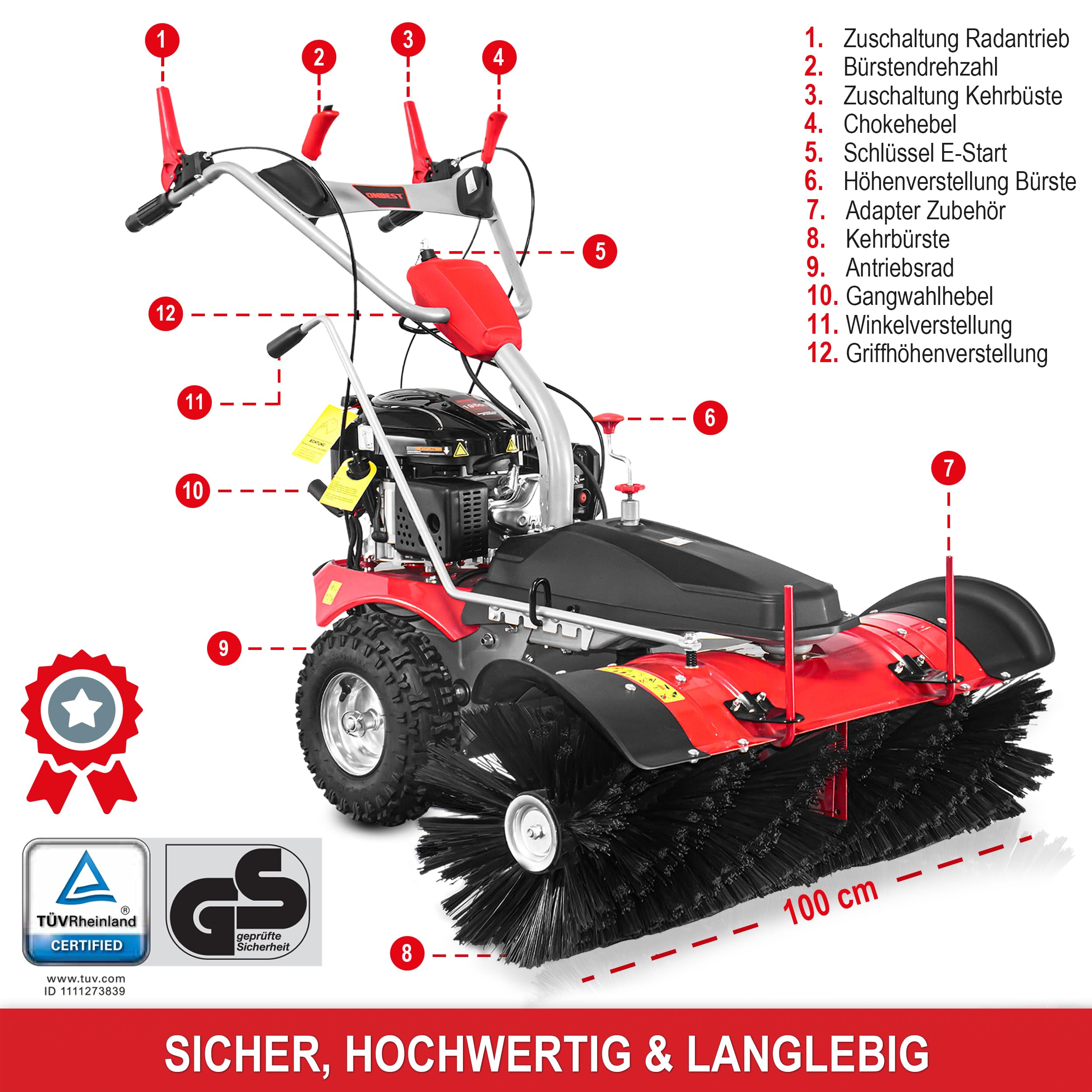 ONBEST Benzin Kehrmaschine 100 cm – mit Auffangbox & Schneeschild | 196 cm³ Motor, TÜV Rheinland geprüft, GS-Zertifikat – für große Außenflächen, Schmutz und Schneeräumen