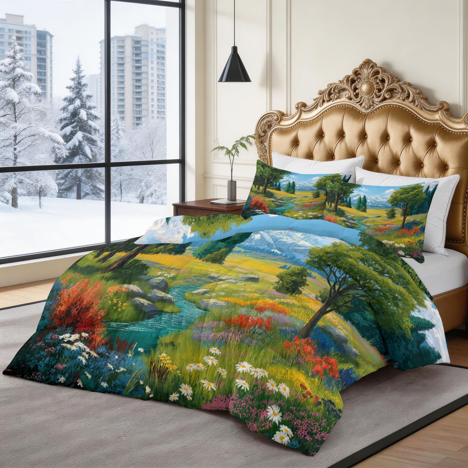 Genérico Edredon Flores Landscape Creek Print Bedding Kołdra 220 x 220 cm Poszwa na kołdrę z włókna 400 g/m², Oddychająca kołdra z mikrofibry na wszystkie pory roku, zielona