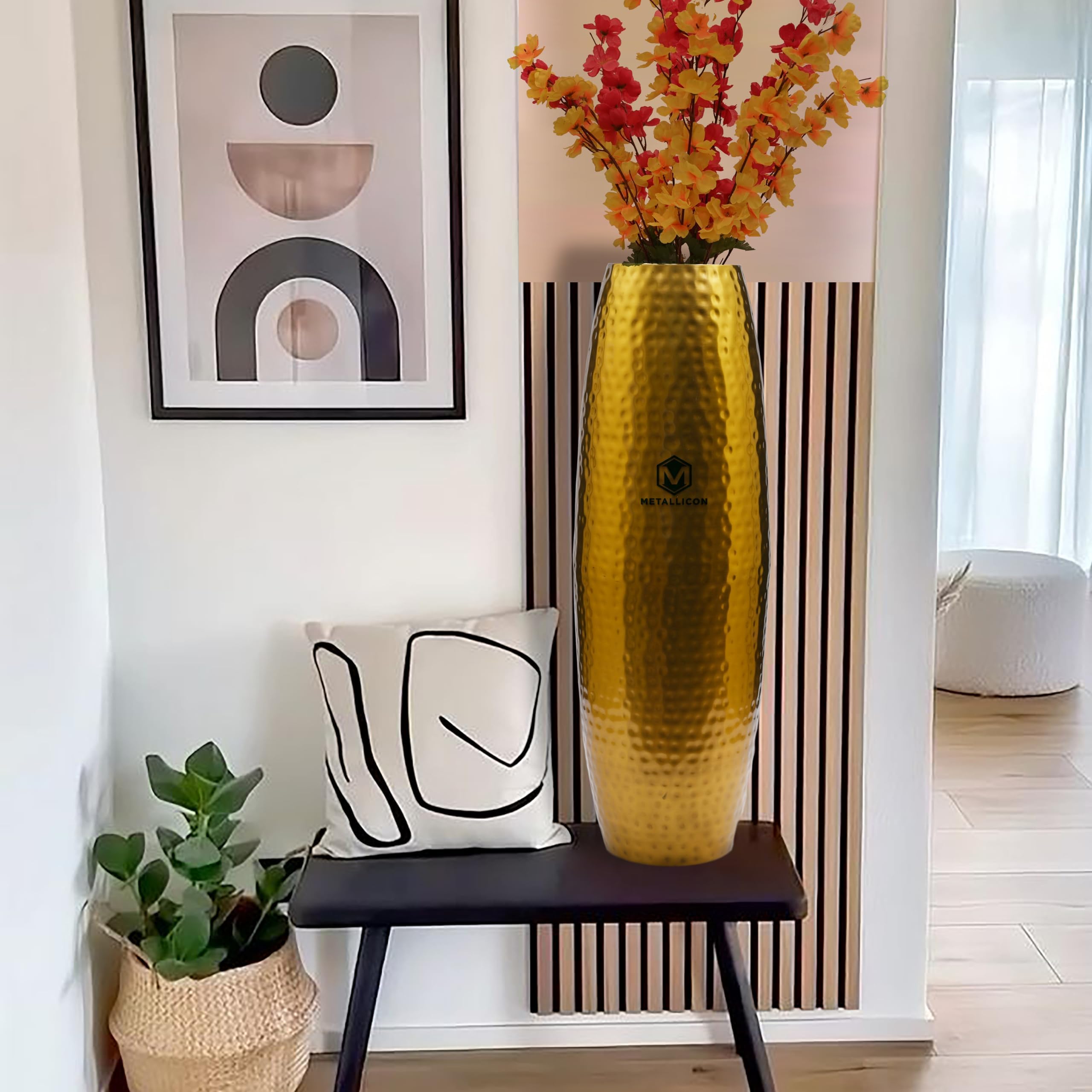 Metallicon Luxurious Hammered Gold Metal Floor Vase Tall Decorative Vase for Living Room, Modern Minimalist Design, Perfect for Dried Flowers (24.2 Inch) (Gold)