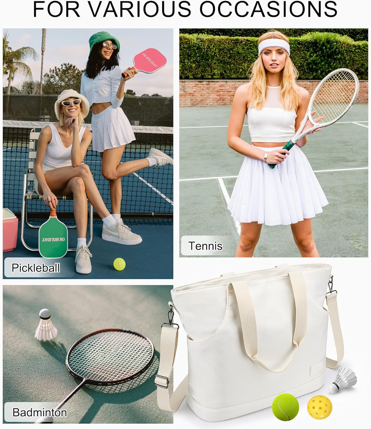Kasqo Tennis Bags for Women, Large Pickleball Tote Bag Men 2 Rackets Lightweight Crossbody Shoulder Bag for Gym Sport