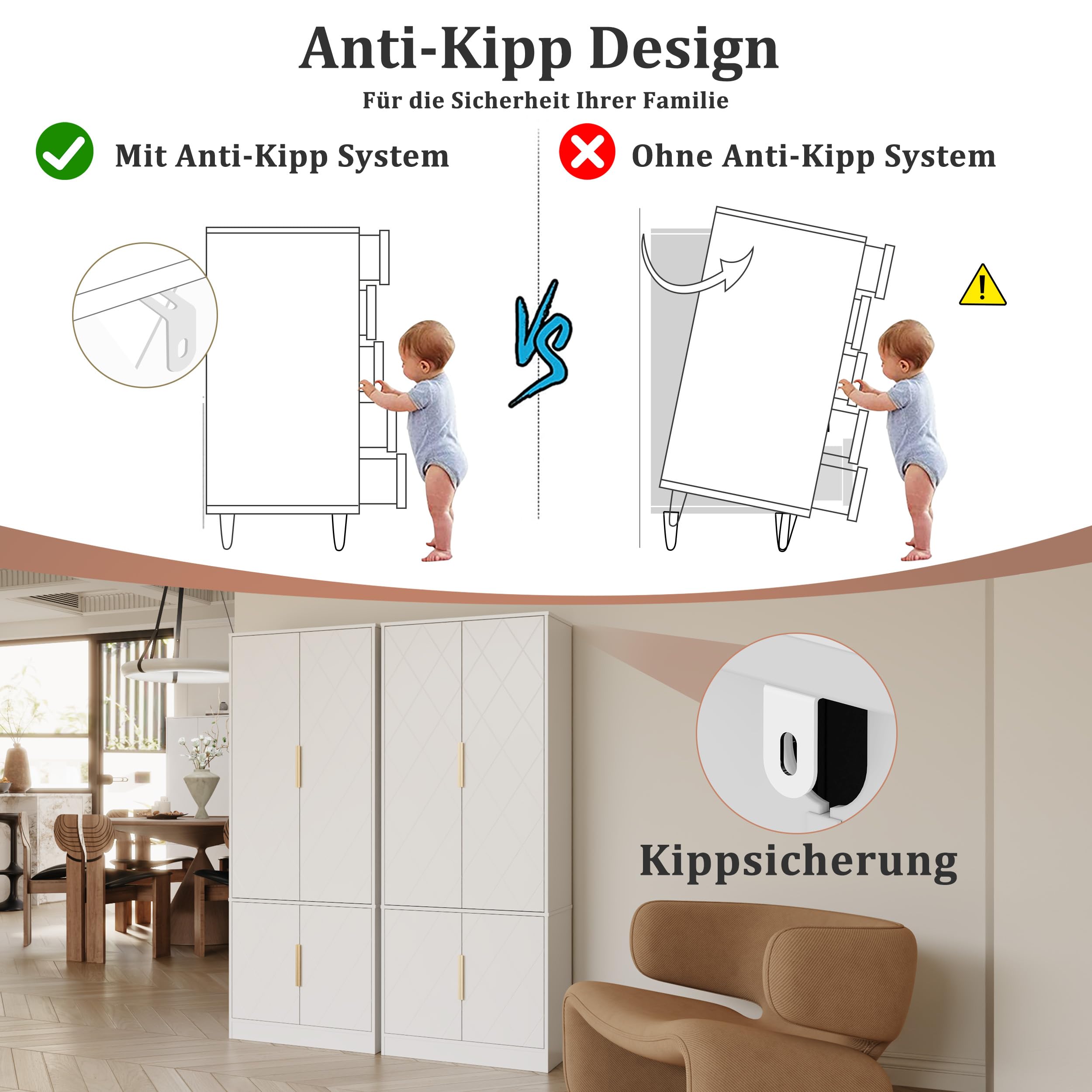 UEV Hochschrank mit 4 Türen, Kücheschrank, Badzimmerschrank Mehrzweckschrank Aktenschrank mit verstellbare Ablage vielseitig einsetzbar für Büro, Flur, Küche, Hauswirtschaftsraum 60x30x150cm Weiß