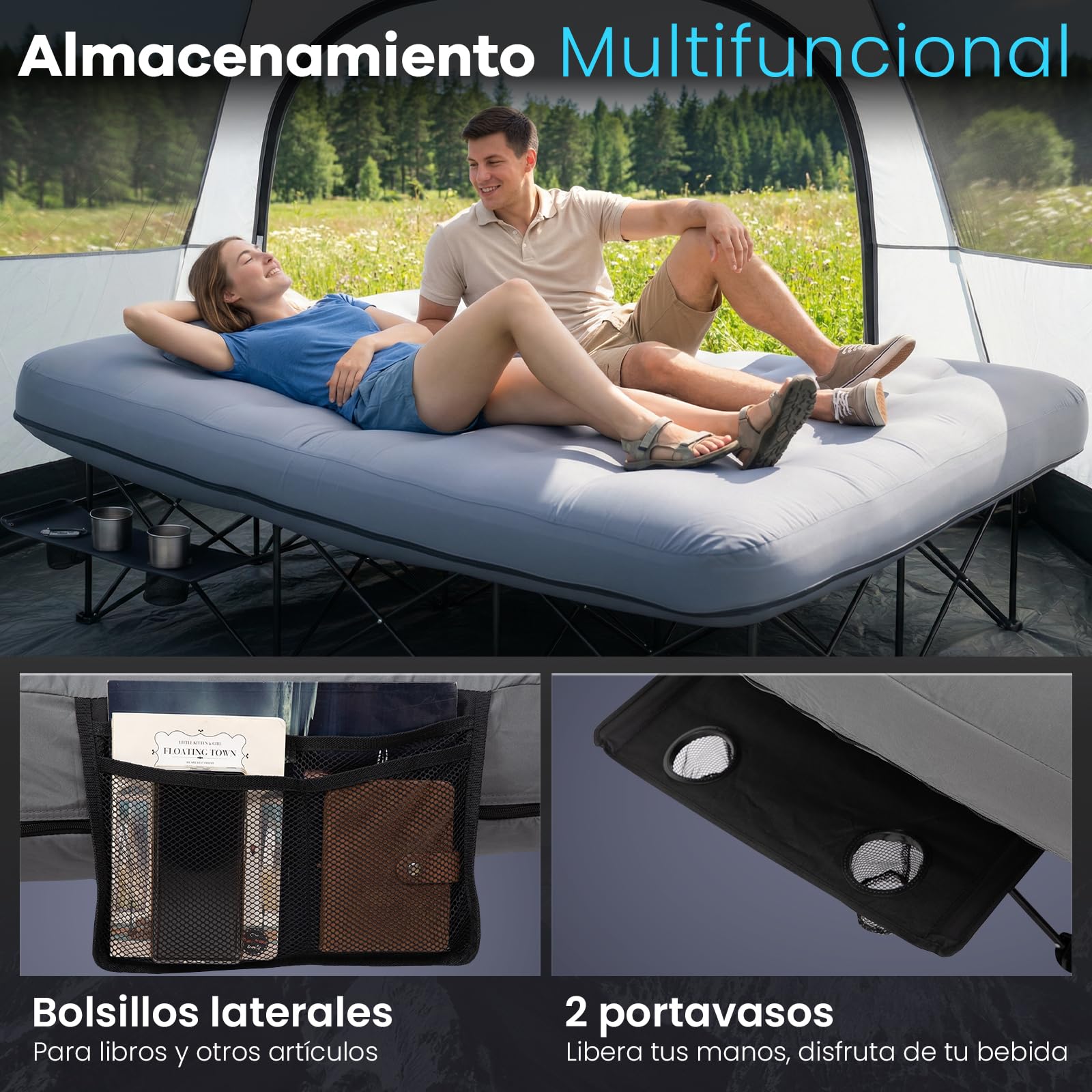FUNDANGO - Cama de camping doble con bomba eléctrica, colchón hinchable con funda extraíble y lavable, marco plegable, portavasos, bolsa de transporte para adultos, tienda de campaña, invitados (200