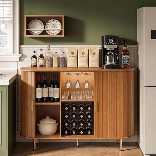 Miniatura 4 de DHH 55" Gabinete de barra de vino con almacenamiento, gabinete de barra de licor y café estriado con estante de vino y soporte para vasos, aparador