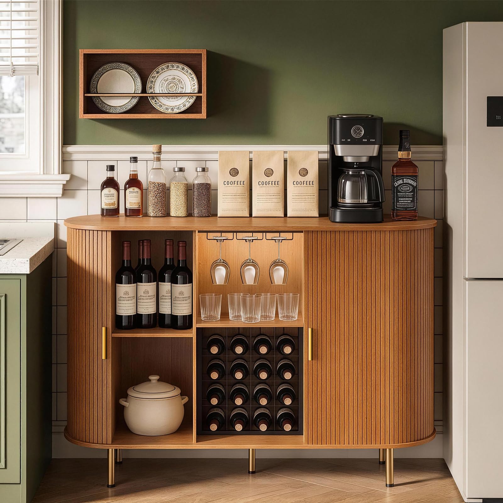 DHH 55" Wine Bar Cabinet with Storage, Fluted Liquor & Coffee Bar Cabinet with Wine Rack and Glass Holder, Buffet Sideboard with LED Lights for Home Kitchen Living Dining Room(Yellow Walnut)