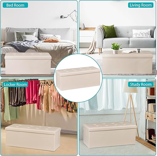 Miniatura 33 de LEMY Banco de almacenamiento otomano plegable de 43 pulgadas, taburete reposapiés con divisor de madera y gran espacio de almacenamiento, taburete