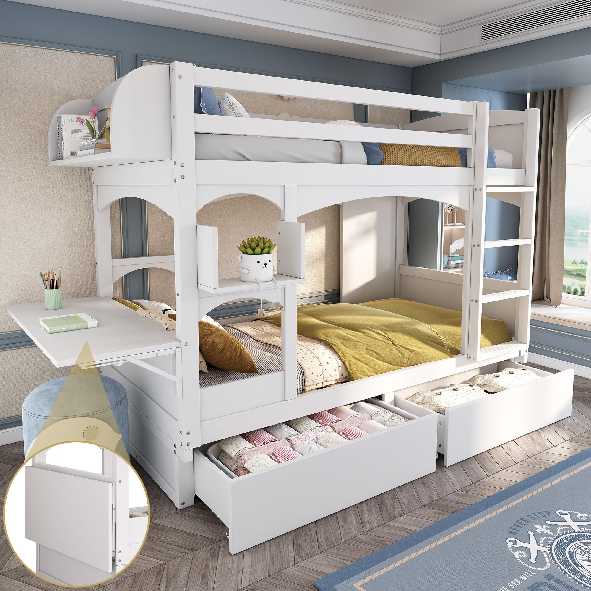 Letto a castello per bambini, 90 x 200 cm, letto matrimoniale, con scrivania pieghevole e mensola, con scala e 2 cassetti, senza materasso, legno massello, bianco