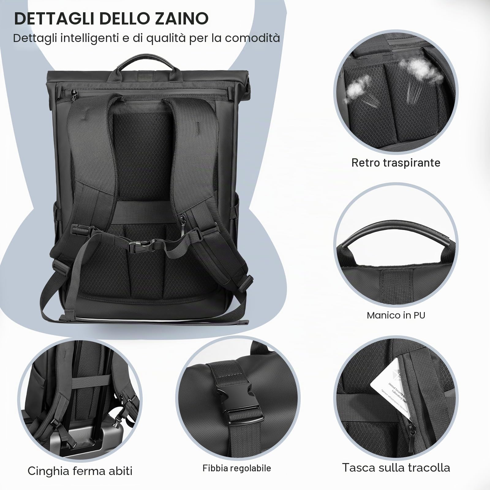 hk Zaino Roll Top Uomo Donna, Espandibile Zaino Porta PC 15,6 Pollici | Antipioggia e Antifurto per Tempo Libero, Ufficio, Università, Pendolari, Nero(20‑27 L)